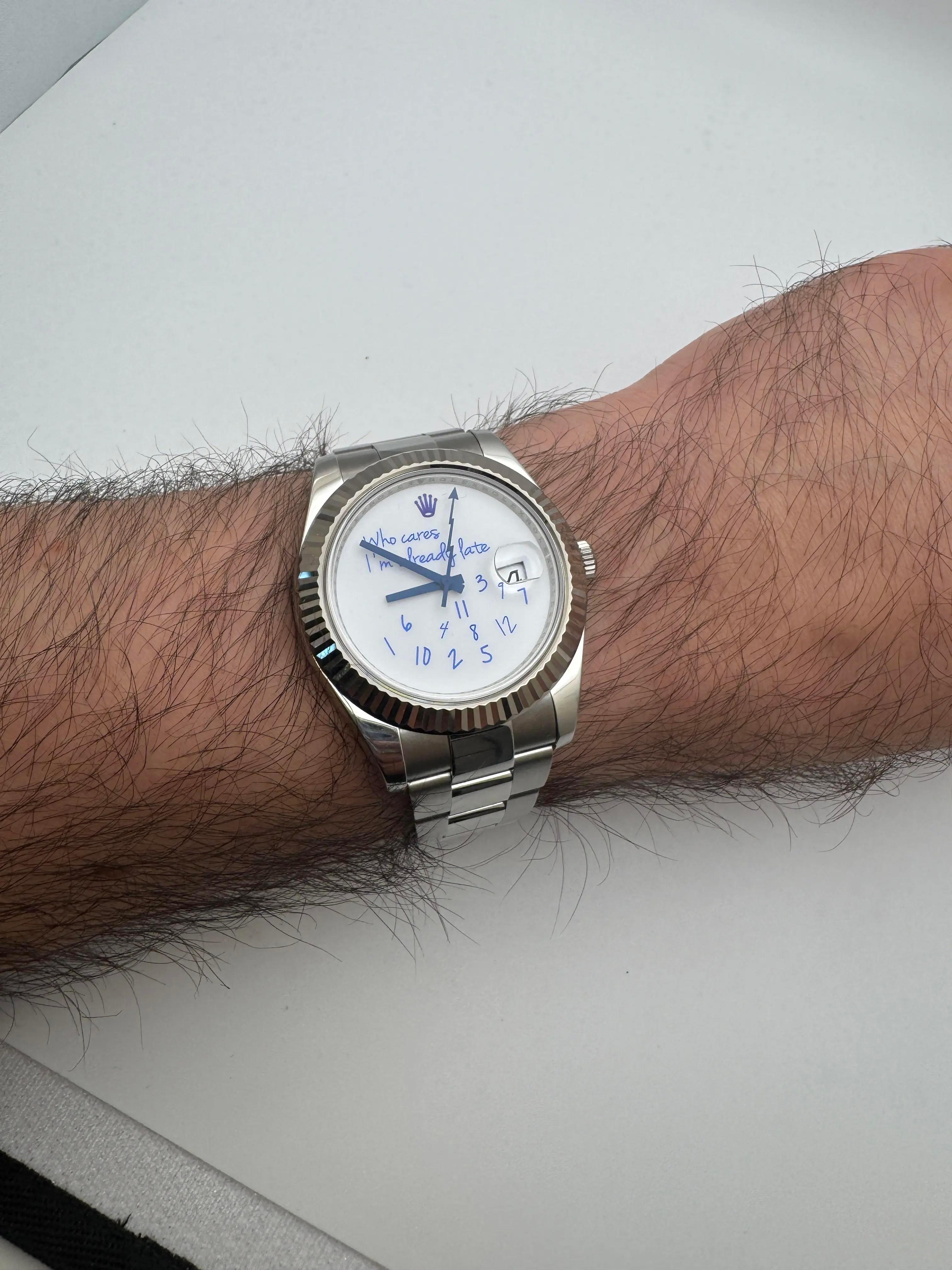 Rolex Datejust 41mm 116334 Custom Who Cares I'm Already Late Blue Dial Papers in vendita 4