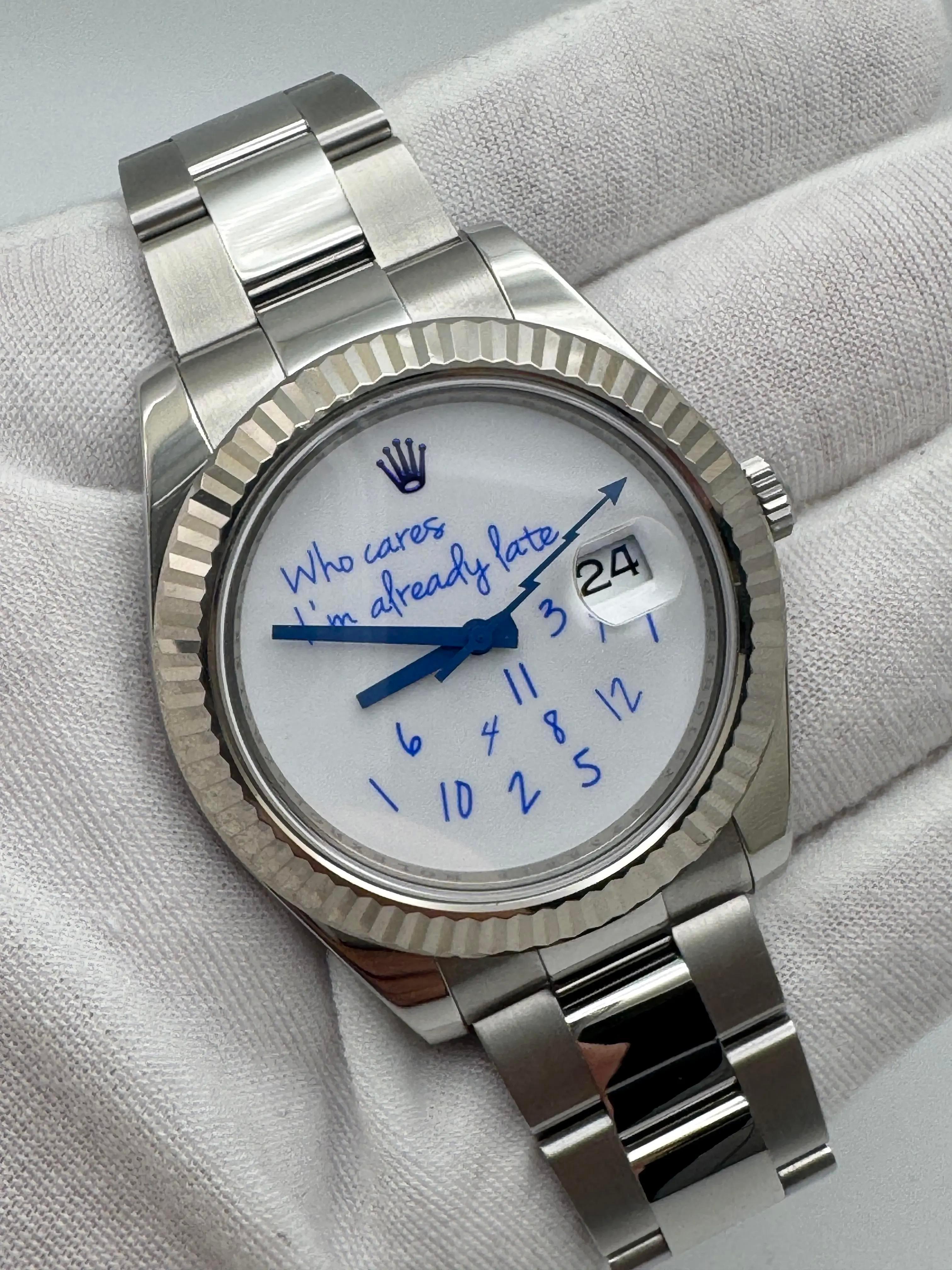 Rolex Datejust 41mm 116334 Custom Who Cares I'm Already Late Blue Dial Papers in vendita 5