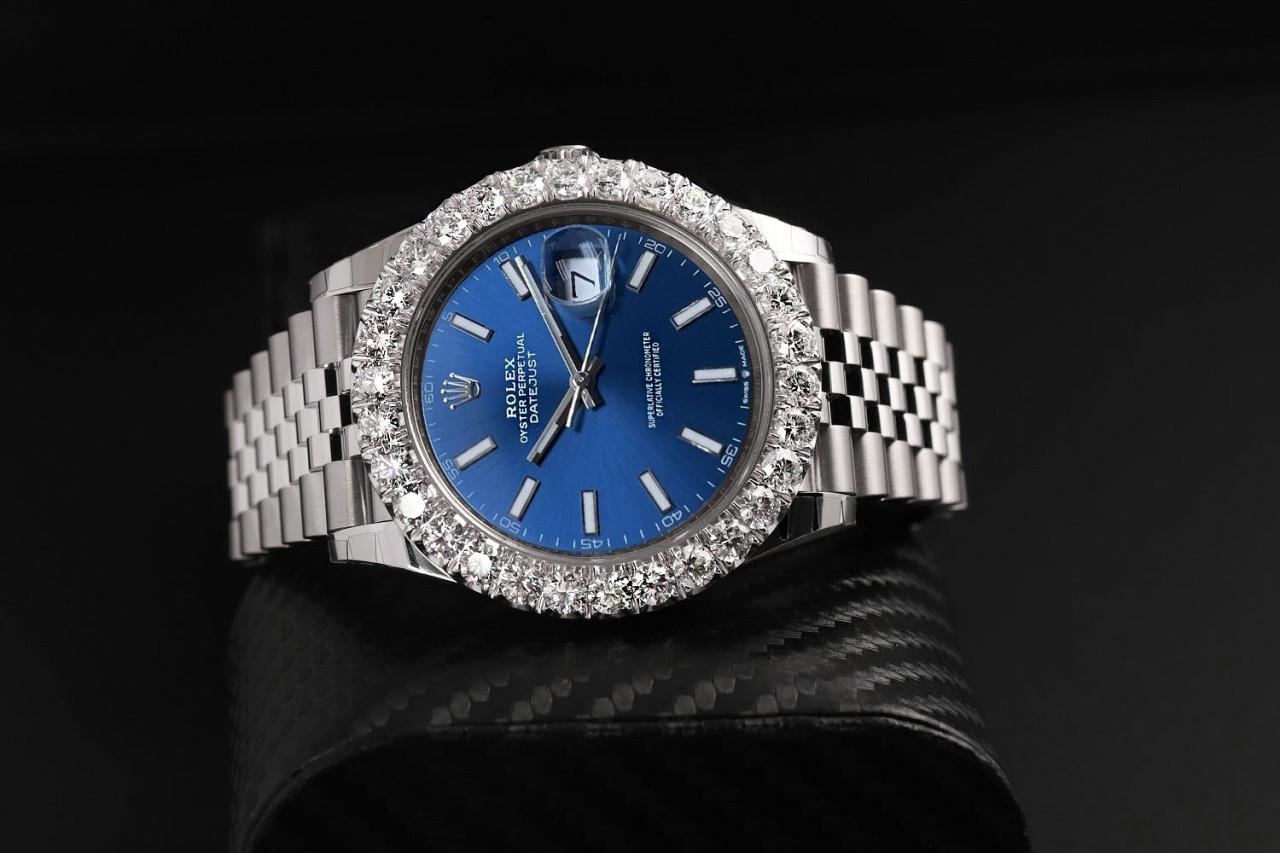 Round Cut Rolex Datejust 41mm 126300 Stainless Steel Watch Diamond Bezel Blue Index Dial For Sale