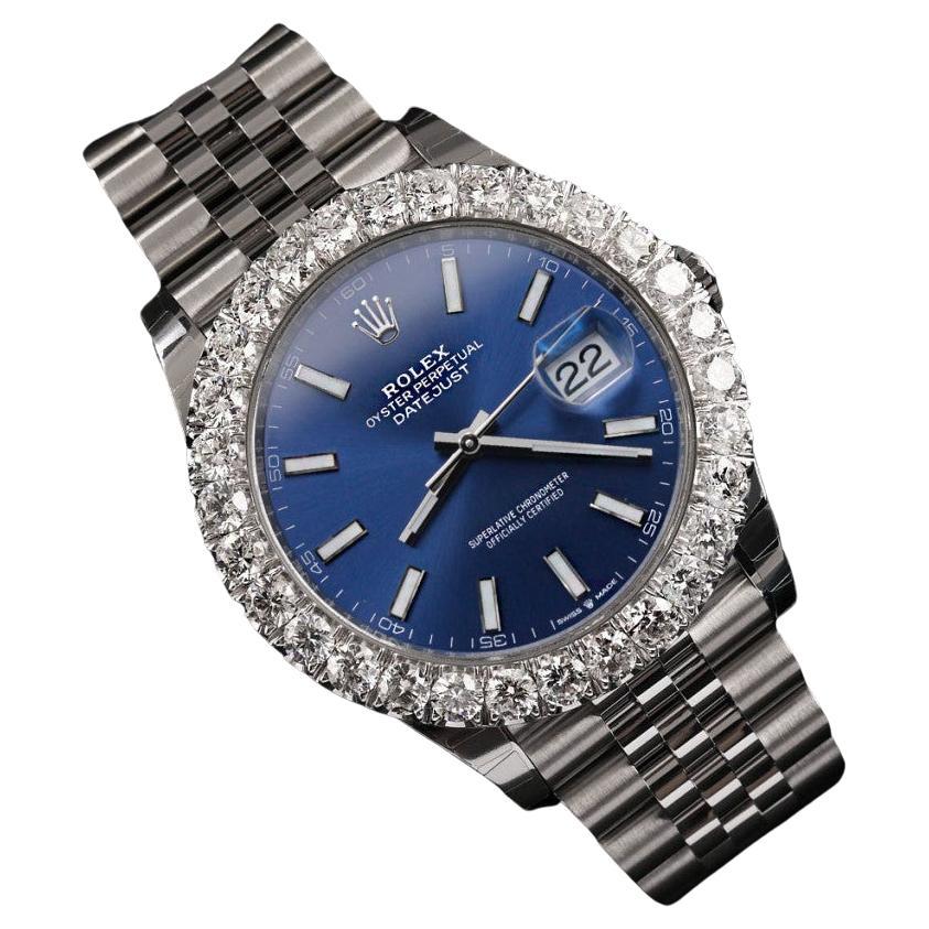 Rolex Datejust 41mm 126300 Stainless Steel Watch Diamond Bezel Blue Index Dial For Sale