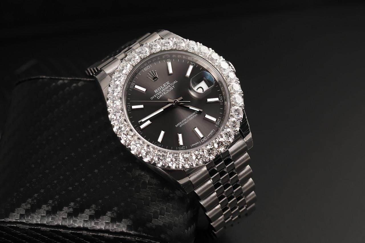 Rolex Montre Datejust 126300RSJ en acier inoxydable avec lunette en diamants Rhodium foncé en vente 1