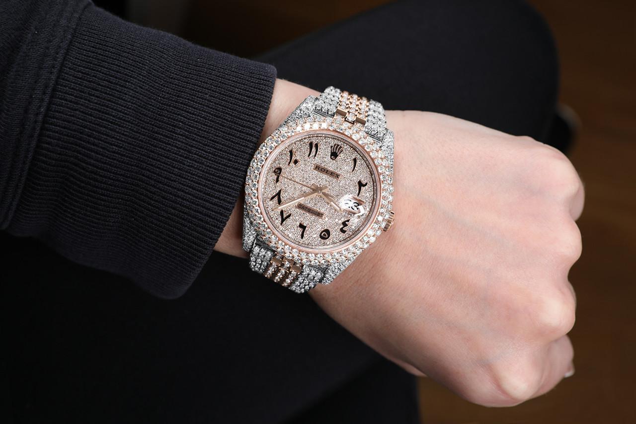 Rolex Datejust 41mm 126301 Rose Gold and Stainless Steel Fully Iced Out Watch In New Condition For Sale In New York, NY