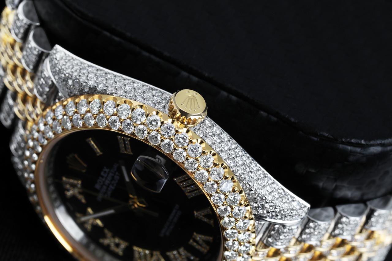 Rolex  Datejust 41mm 126303 Custom Diamond Yellow Gold and Stainless Steel  Watch Black Roman Dial 

This watch comes with a LIFETIME diamond replacement warranty. We are so confident in our diamonds setters that if any of the individual diamonds