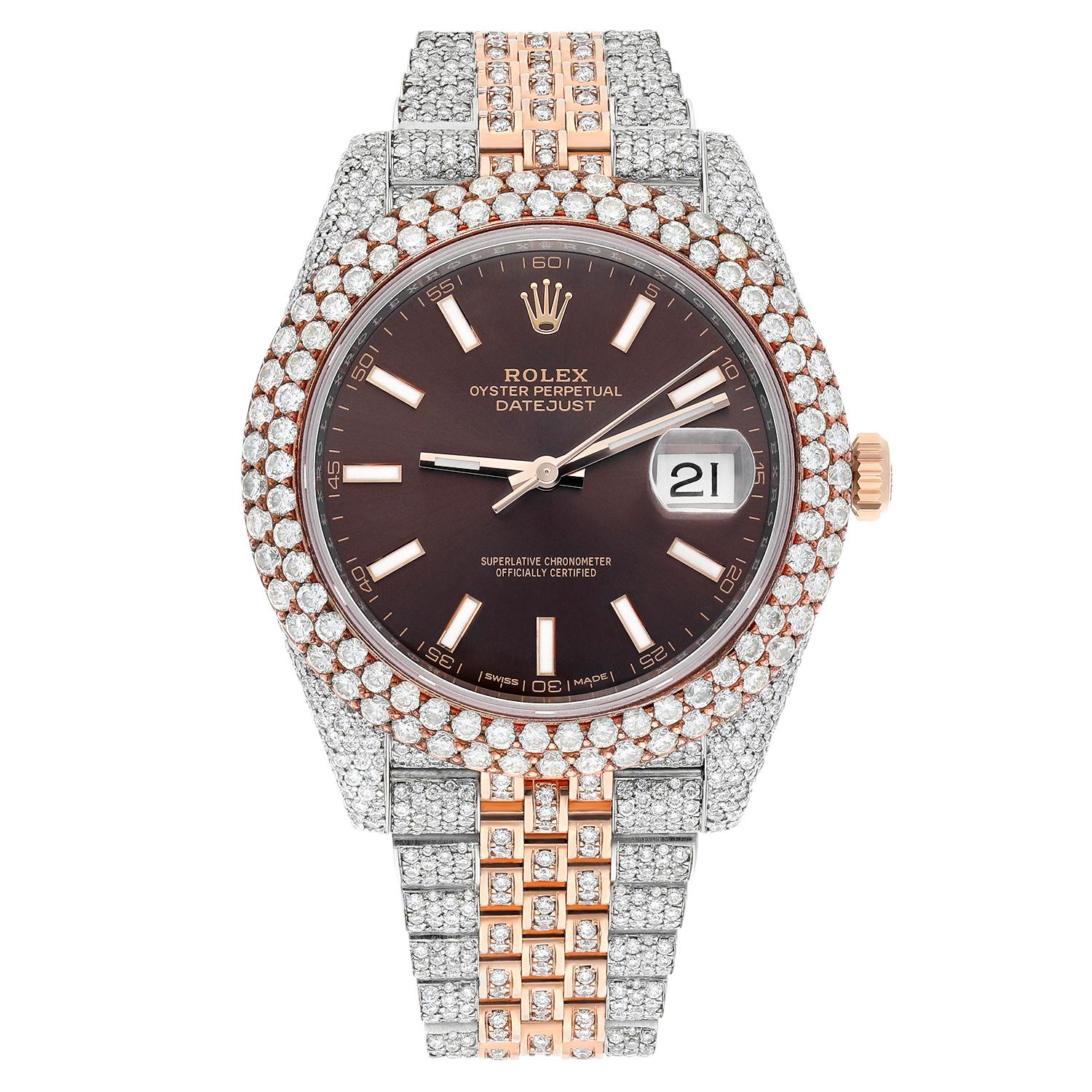 Brand: Rolex
Series: Datejust    
Model: 126331
Case Diameter: 41 mm
Bracelet: Jubilee band; stainless steel & 18k Rose Gold
Bezel: Custom Diamond Set / 18k gold plated
Dial: Chocolate Dial
Carat Weight: 28.00 carats in total diamond weight
The sale