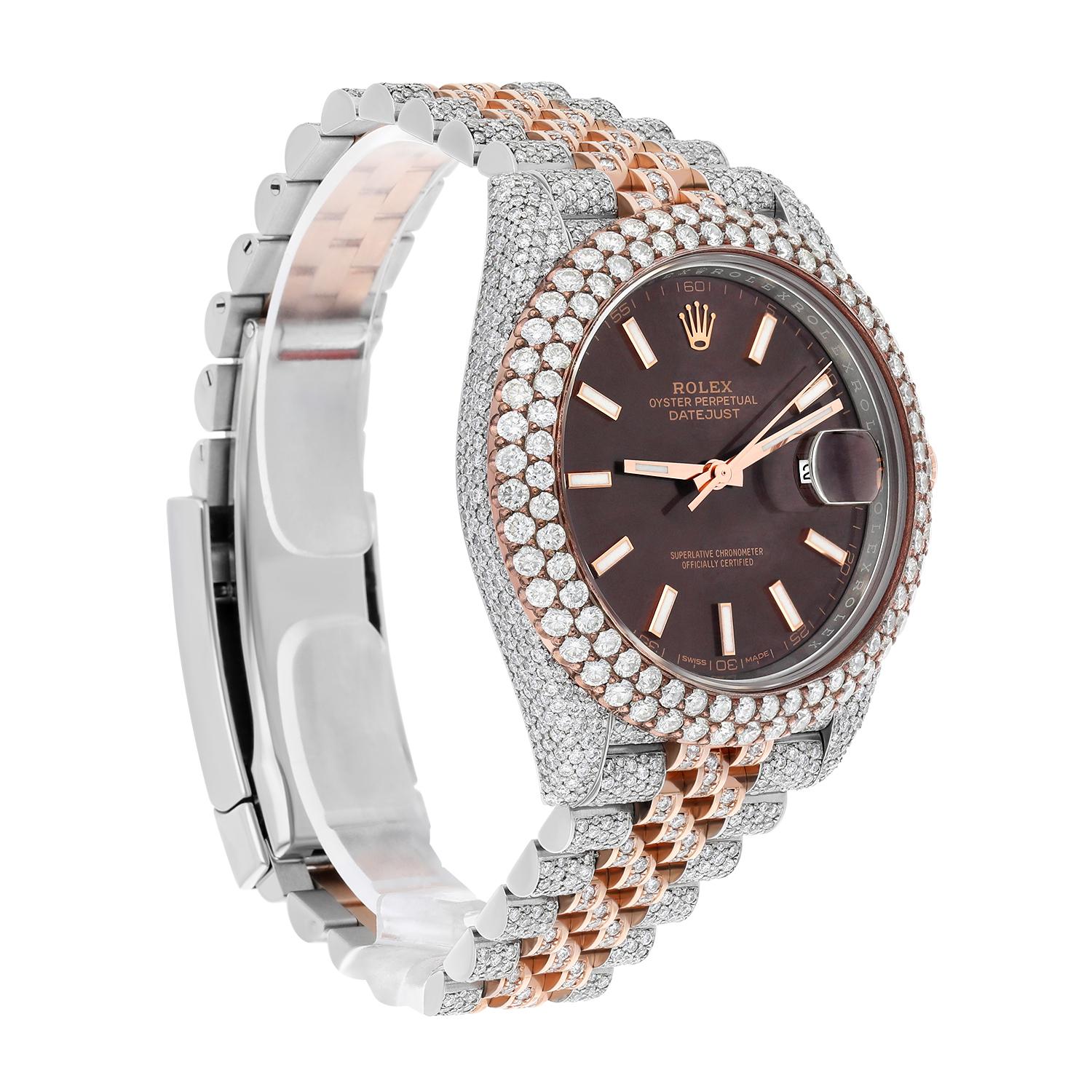 Modern Rolex Datejust 41mm 126331 Rose Gold and Stainless Steel Fully Iced Out Watch For Sale