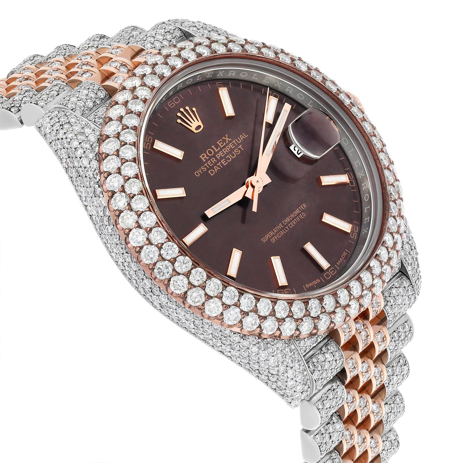 Rolex Datejust 41mm 126331 Rose Gold and Stainless Steel Fully Iced Out Watch In New Condition For Sale In New York, NY