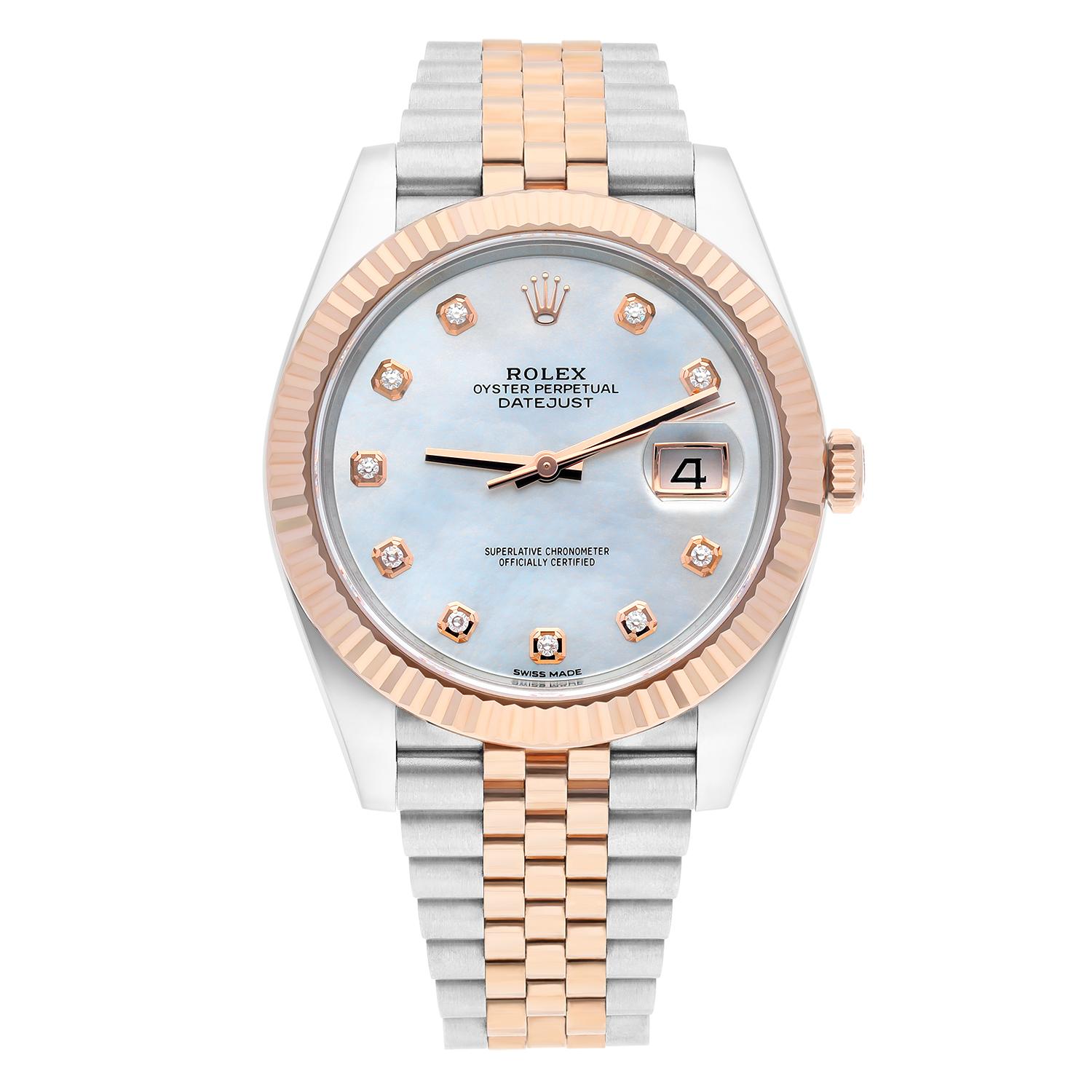 41mm Everose Rolesor case with 904L steel monobloc middle case, screw-down steel back, 18K Everose gold screw-down crown, 18K Everose gold fluted bezel, scratch-resistant double anti-reflective sapphire crystal with cyclops lens over the date,