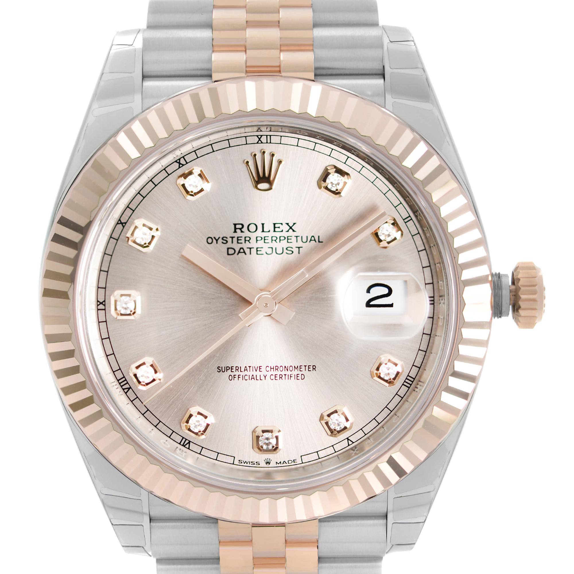 Brand New Fully Stickered 2021 Card Rolex Datejust 41mm 18k Everose Gold Stainless Steel Pink Dial Men's Automatic Watch 126331.  This Timepiece is powered by an Automatic Movement and Features: Polished Steel Round Case and Stainless Steel and 18kt