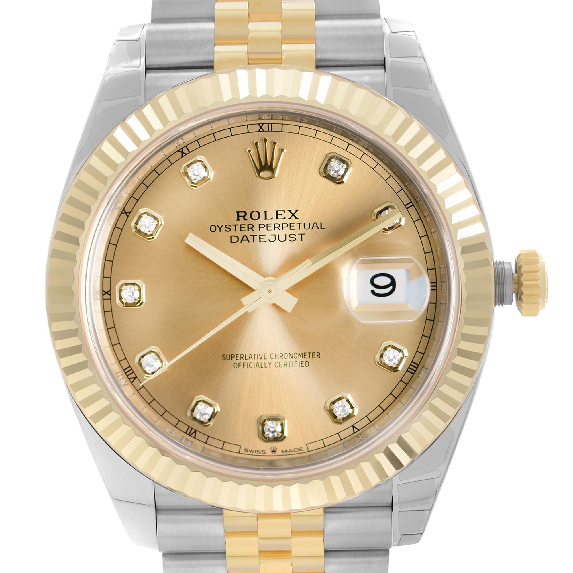Never Worn 2021 All stickers except Barcode one. Rolex Datejust 41mm 18k Yellow Gold Stainless Steel Champagne Dial Men's Automatic Watch 126333. The Watch comes with a 2021 card. This Timepiece is powered by an Automatic Movement and Features: