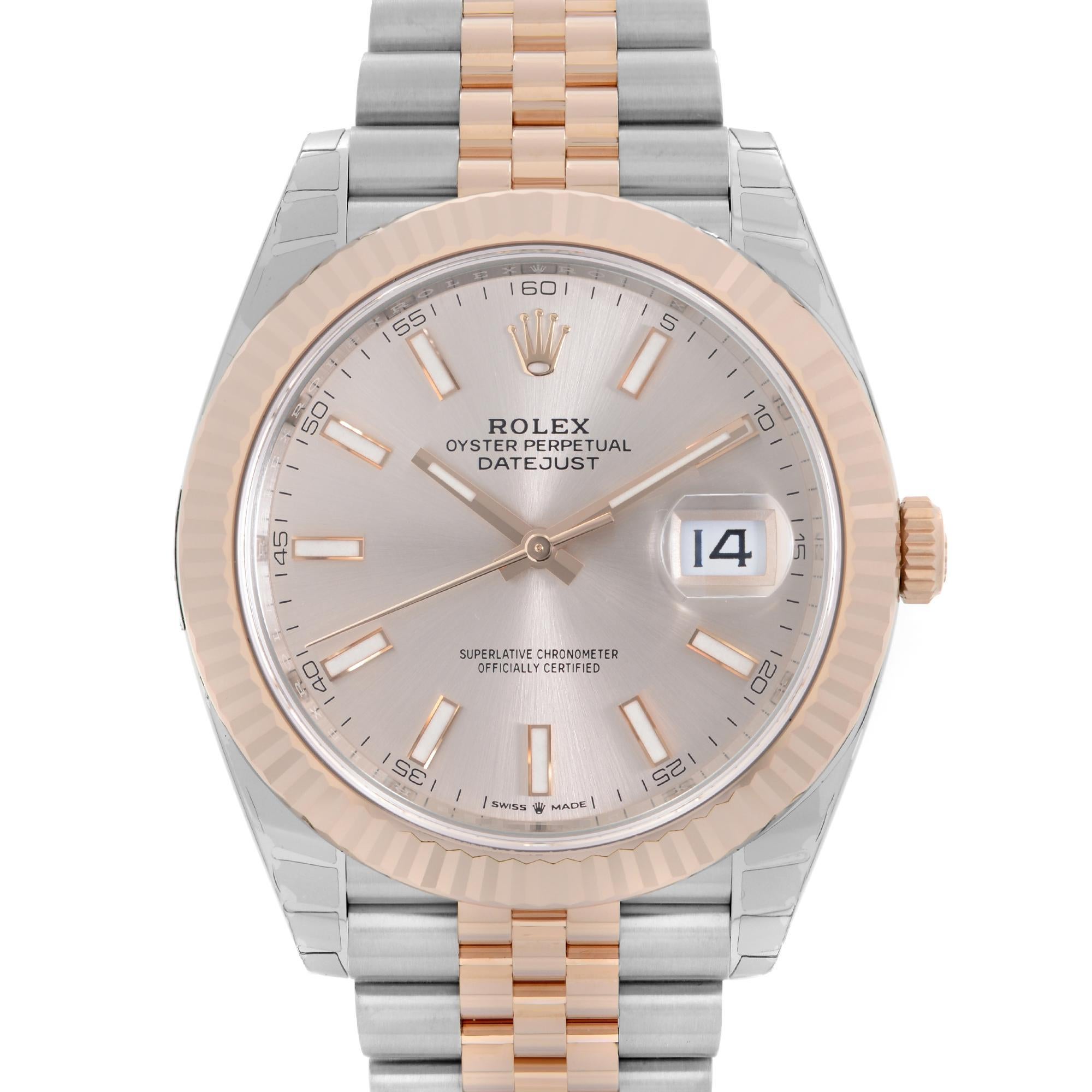 Unworn 2022 Card Fully Stickers. Rolex Datejust 41 18k Rose Gold Sundust Stick Dial Automatic Men's Watch 126331. This Beautiful Timepiece is Powered by Mechanical (Automatic) Movement Features: Round Stainless Steel Case with a 18k Rose Gold and