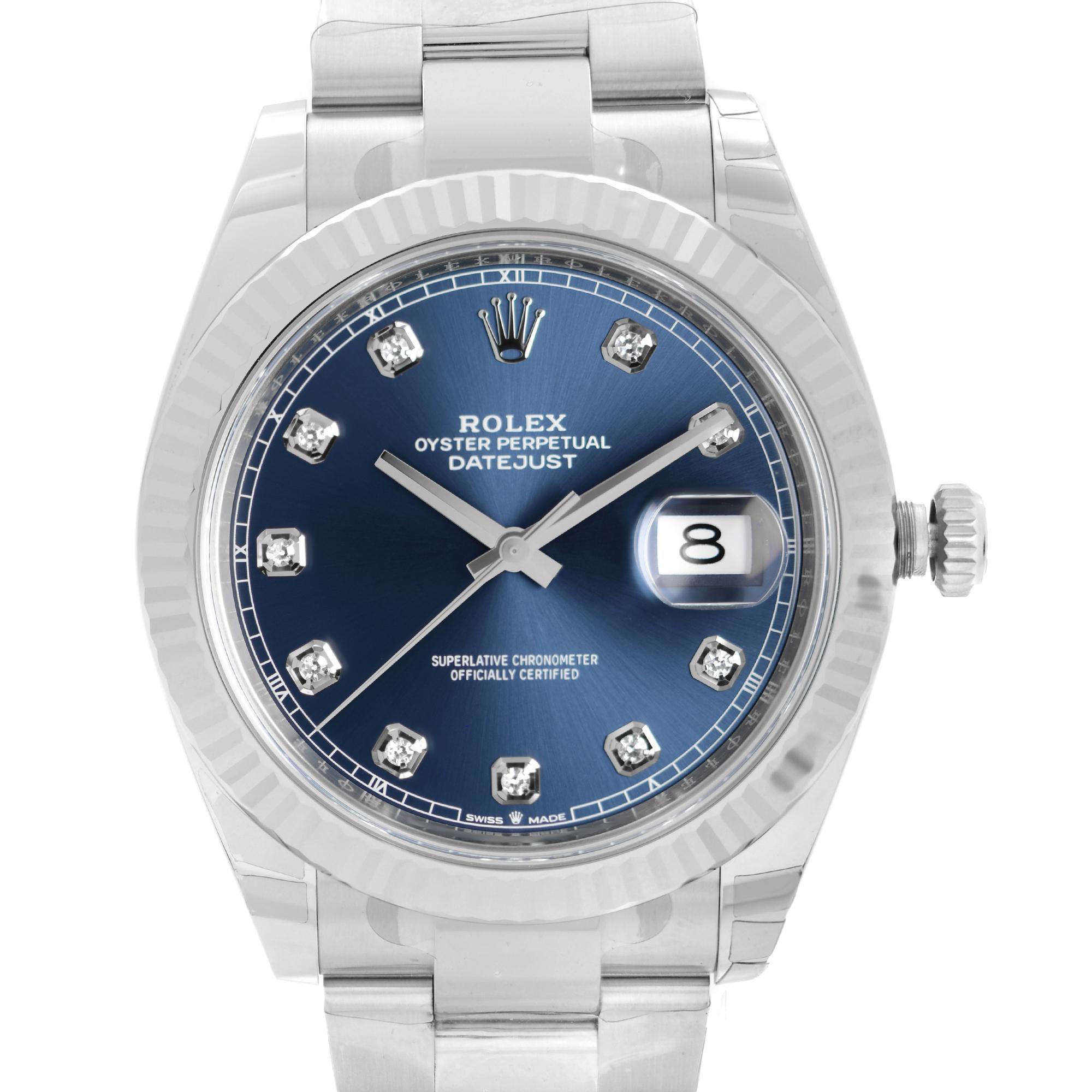 Display Model Rolex Datejust 41mm 18k White Gold Blue Diamond Dial Automatic Mens Watch 126334. This Beautiful Timepiece Come with a 2021 Card & is Powered by Mechanical (Automatic) Movement And Features: Round Stainless Steel Case With a Stainless
