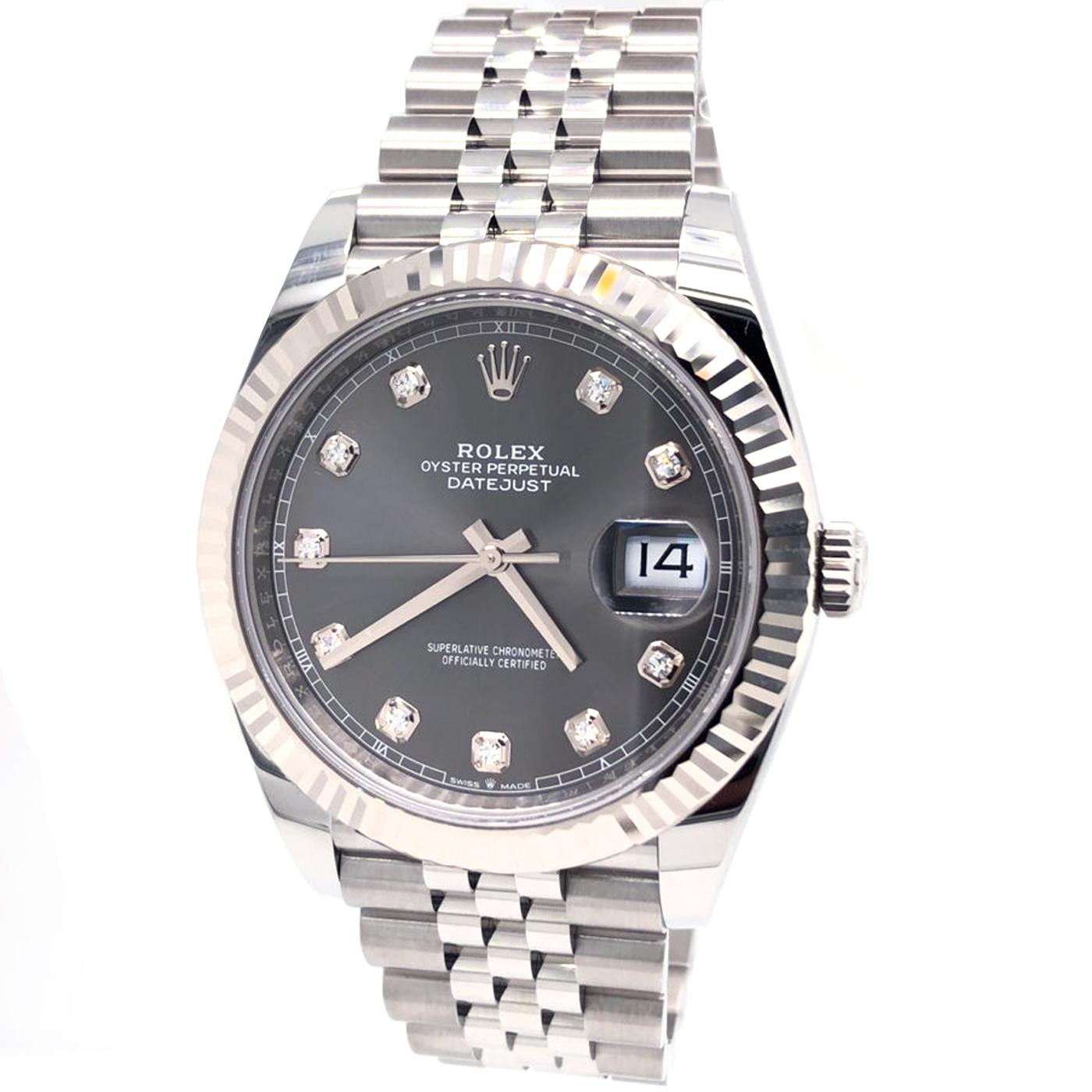 Rolex Day-just 41 mm weißes Rolesor-Gehäuse bestehend aus einem 904L-Stahl-Monoblock-Mittelgehäuse:: verschraubtem Stahlboden:: verschraubter Krone mit doppeltem Wasserdichtigkeitssystem mit Doppelverriegelung:: 18-karätiger Weißgold-Lünette::