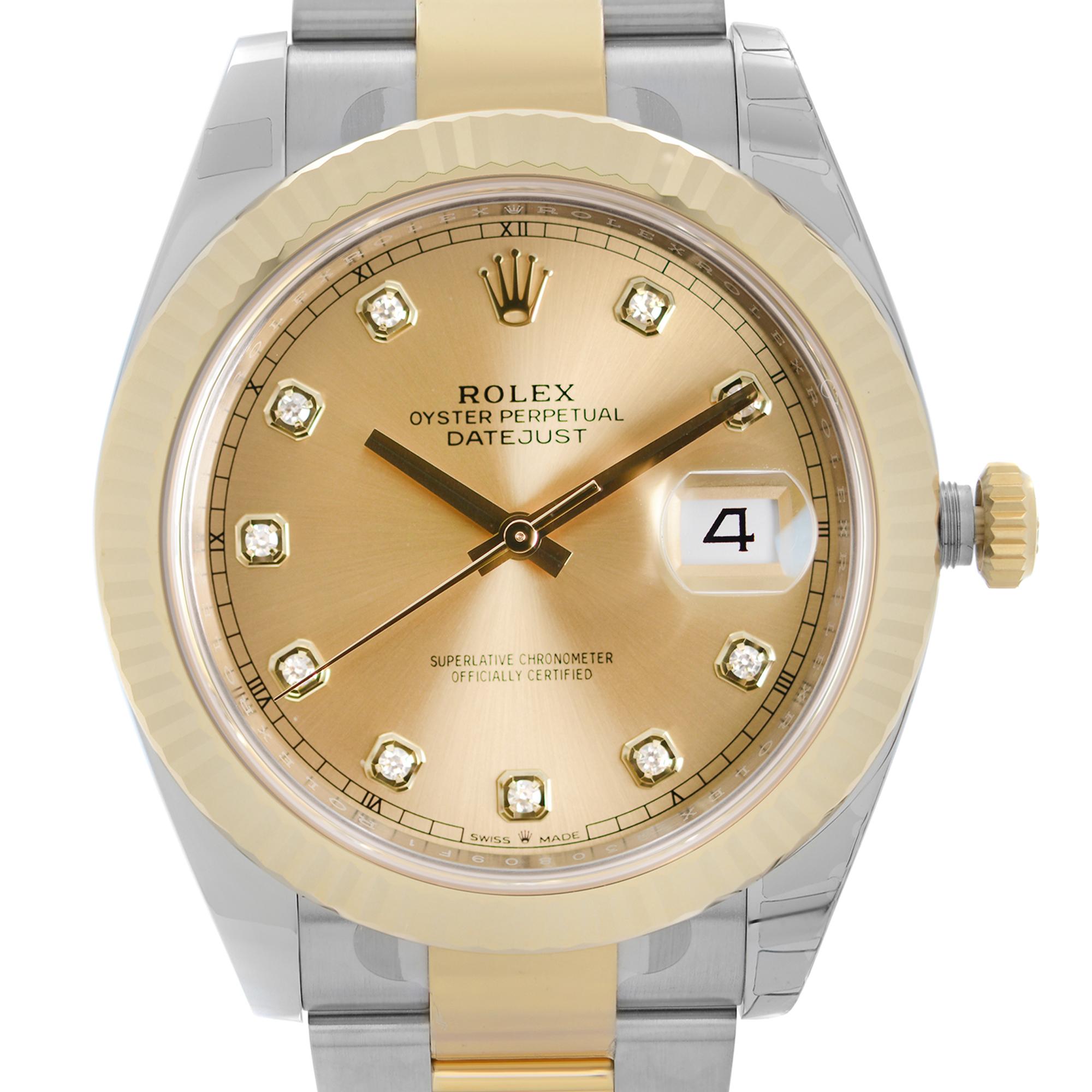 Unworn 2021 card. Rolex Datejust 41mm Yellow Gold Stainless Steel Champagne Diamond Dial Men's Automatic Watch 126333CDO.  This Timepiece is powered by an Automatic Movement and Features: Polished Steel Round Case. Stainless Steel and Yellow Gold