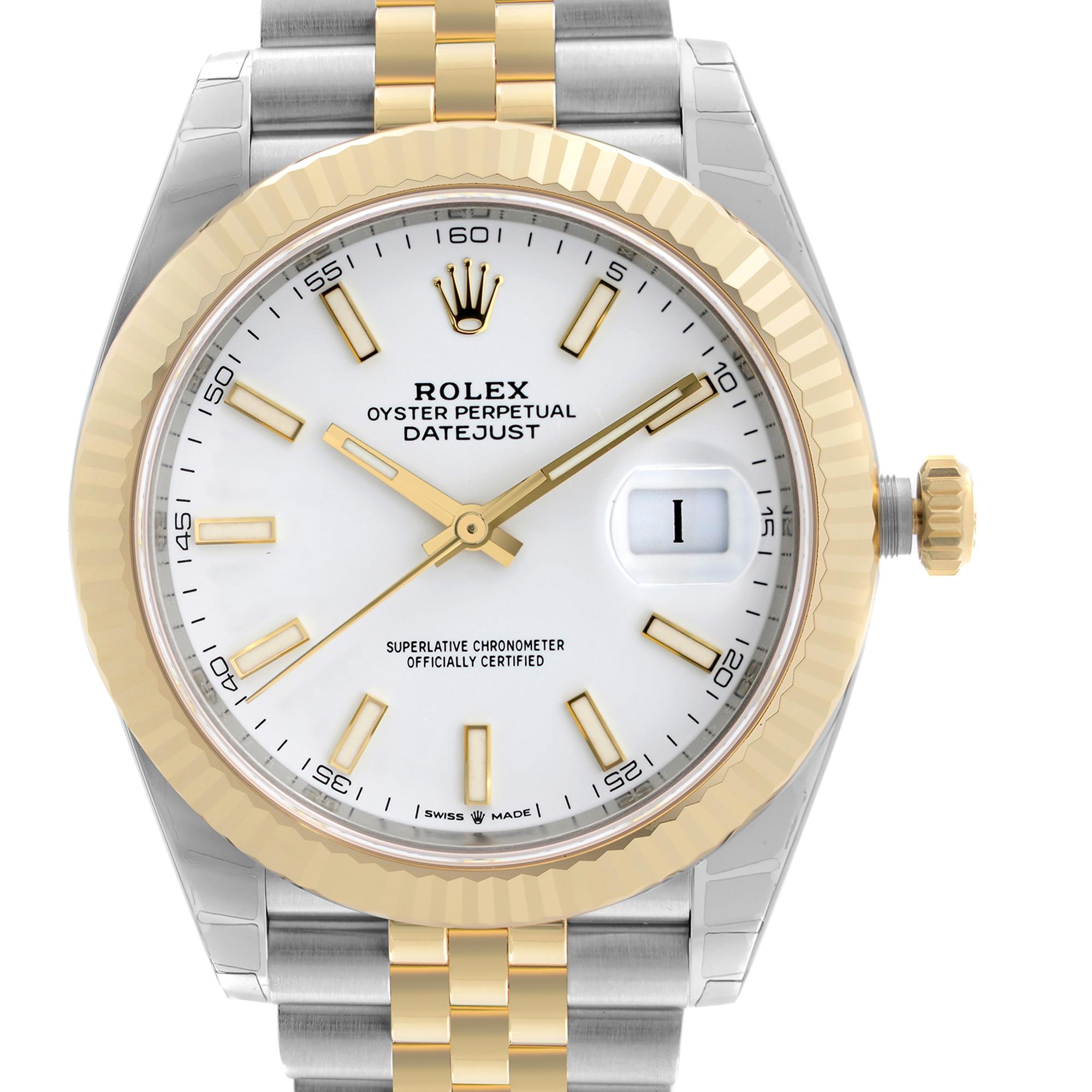 Brand New Rolex Datejust 41mm Yellow Gold Stainless Steel White Dial Men's Automatic Watch 126333. The Watch comes with a 2021 card. This Timepiece is powered by an Automatic Movement and Features: Polished Steel Round Case and Stainless Steel and