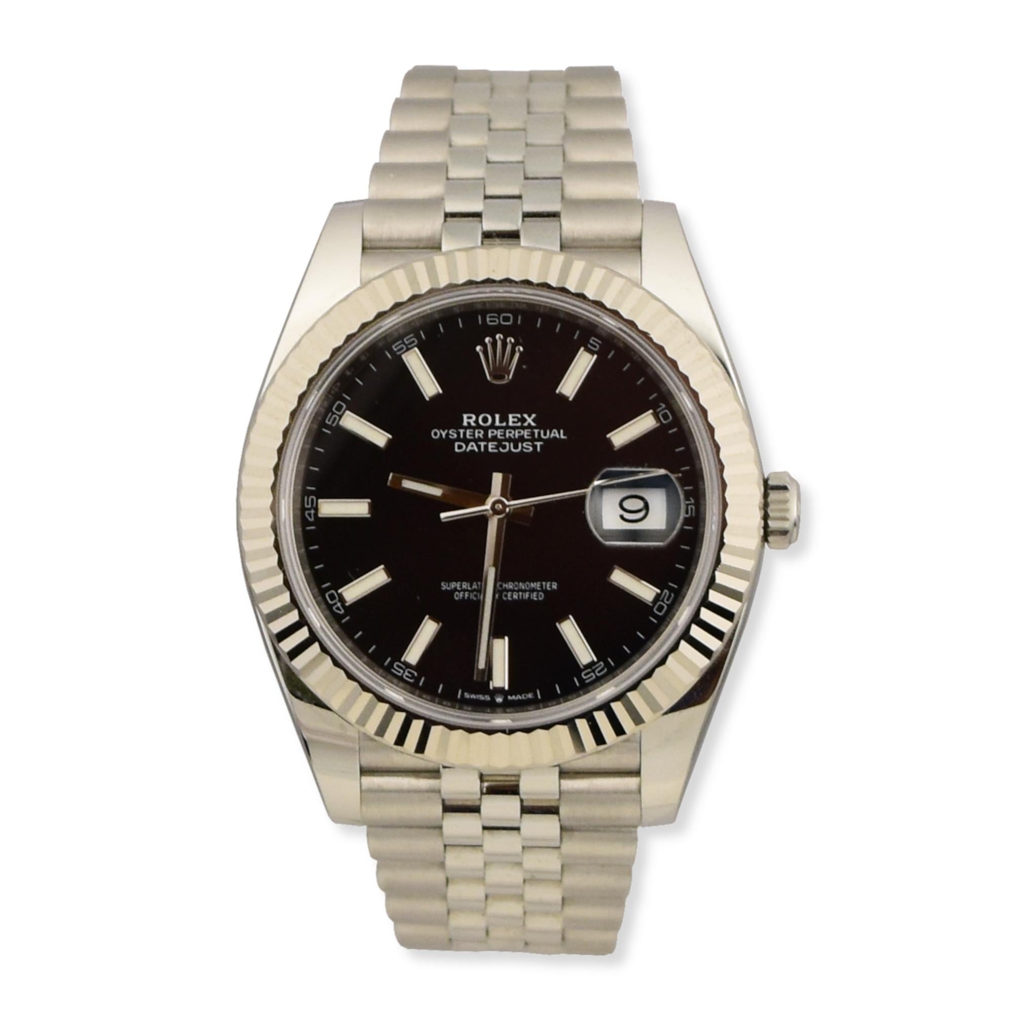 Brand: Rolex
Dial: Black
Case Size: 41mm
Water Resistance: 10ATM
Case Material: Stainless Steel
Bracelet Material: Stainless Steel
Bezel Material: White Gold
Bracelet Style: Jubilee 
The 126334 model Rolex Datejust 41 is formed predominantly in