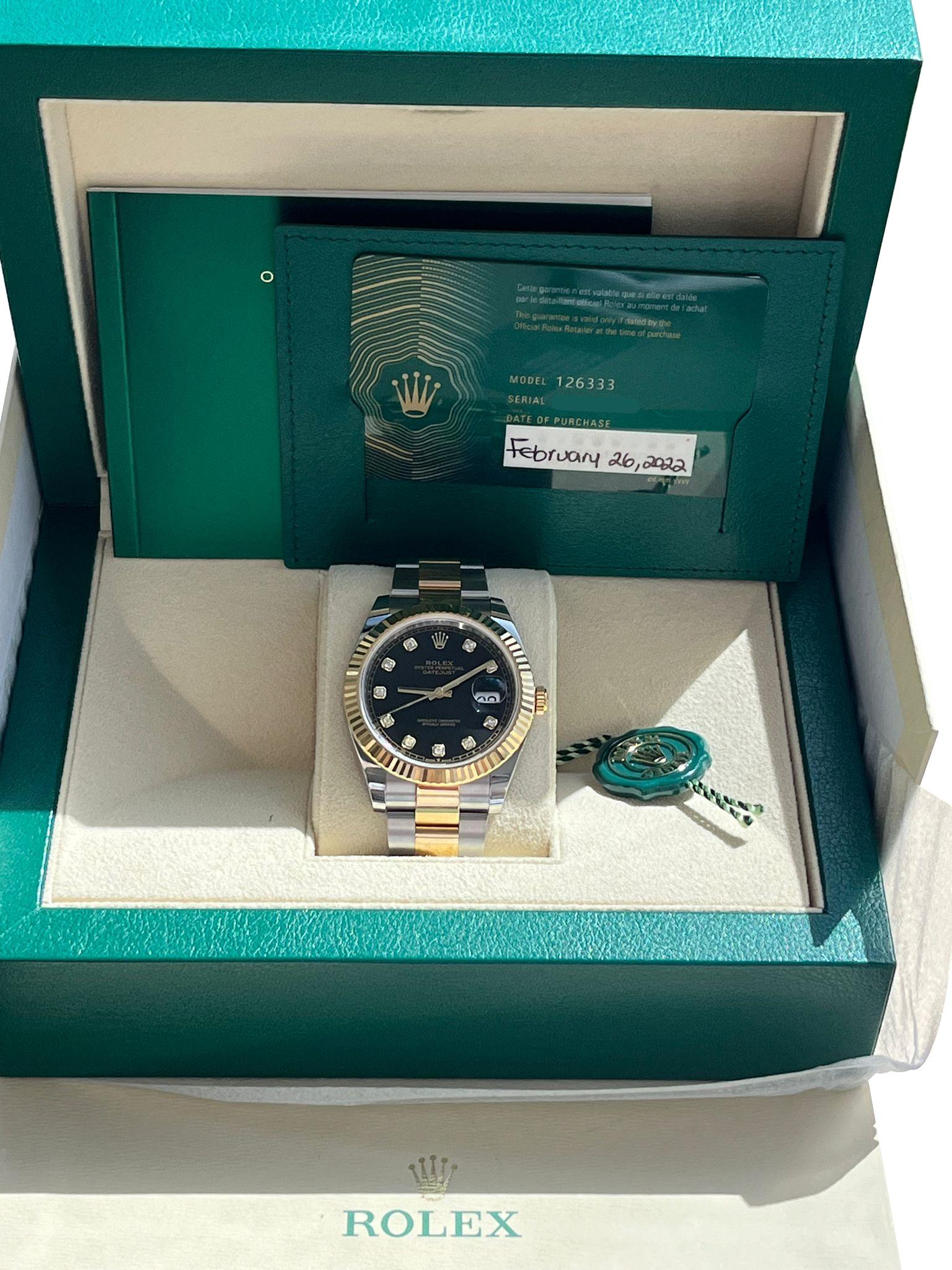 Modernista Rolex Datejust 41mm Black Diamond Oyster Orologio da uomo in acciaio e oro giallo 126333 in vendita