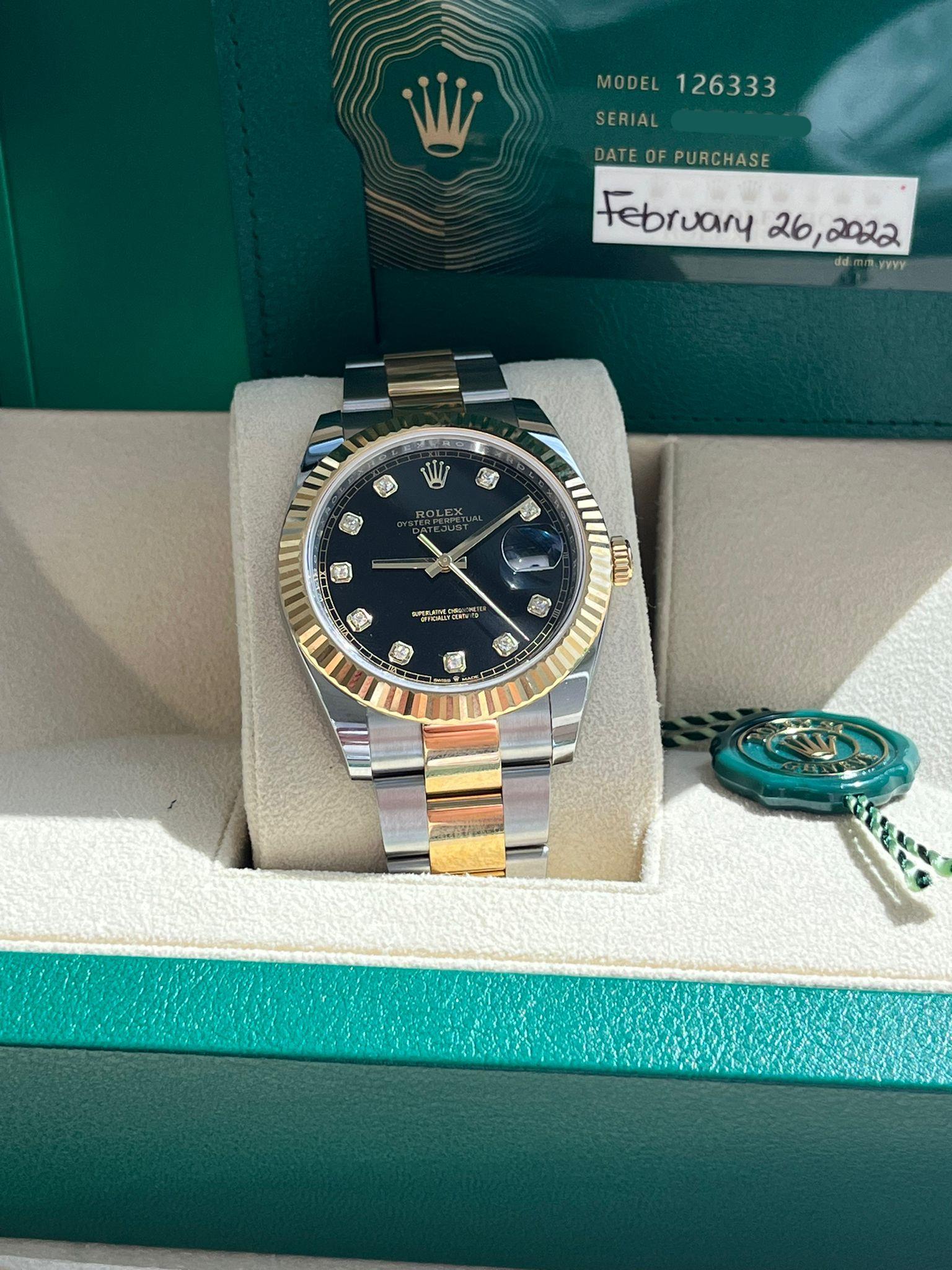 Taglio rotondo Rolex Datejust 41mm Black Diamond Oyster Orologio da uomo in acciaio e oro giallo 126333 in vendita