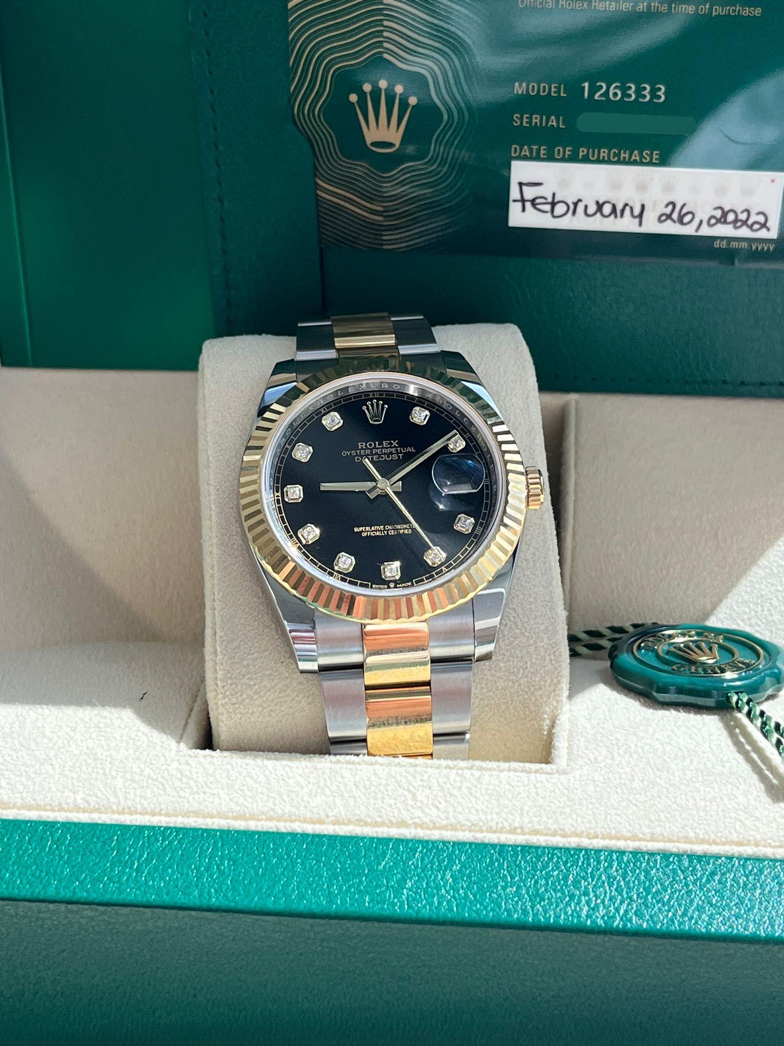 Rolex Datejust 41mm Black Diamond Oyster Orologio da uomo in acciaio e oro giallo 126333 In condizioni Nuovo in vendita a Aventura, FL