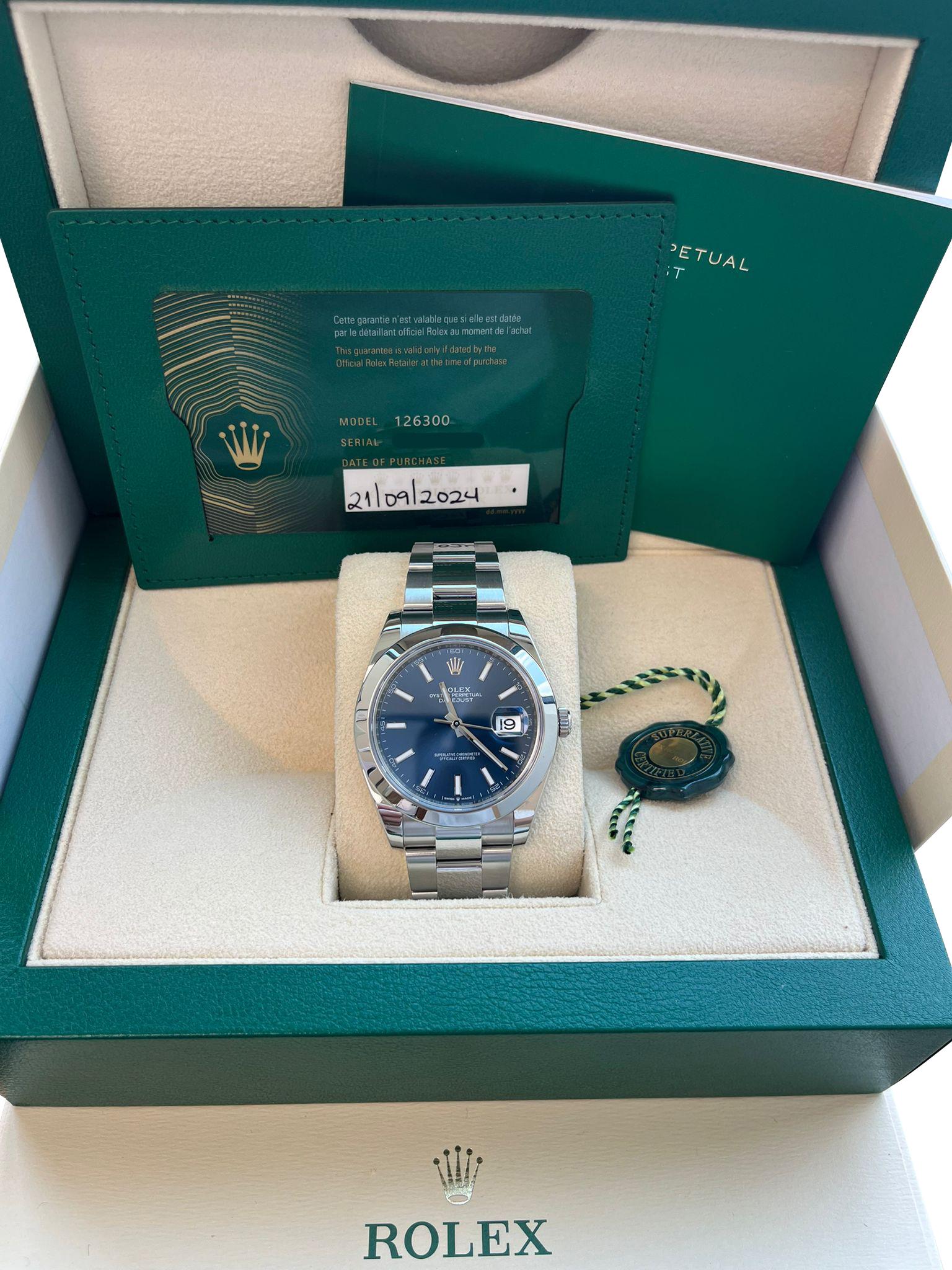 Moderniste Rolex Montre Oyster Datejust 41 mm à cadran bleu en acier inoxydable pour hommes 126300 en vente