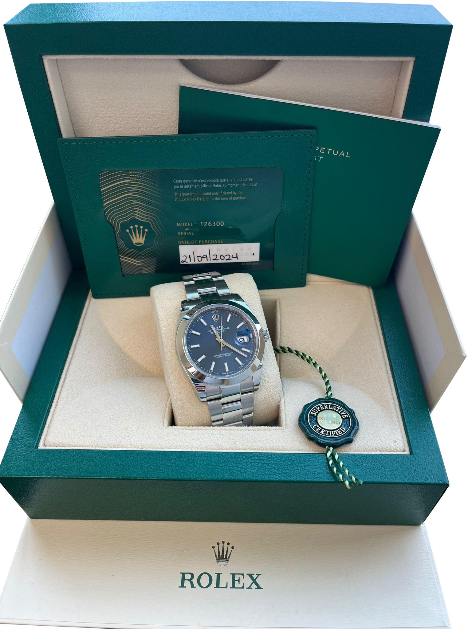 Rolex Montre Oyster Datejust 41 mm à cadran bleu en acier inoxydable pour hommes 126300 Neuf - En vente à Aventura, FL