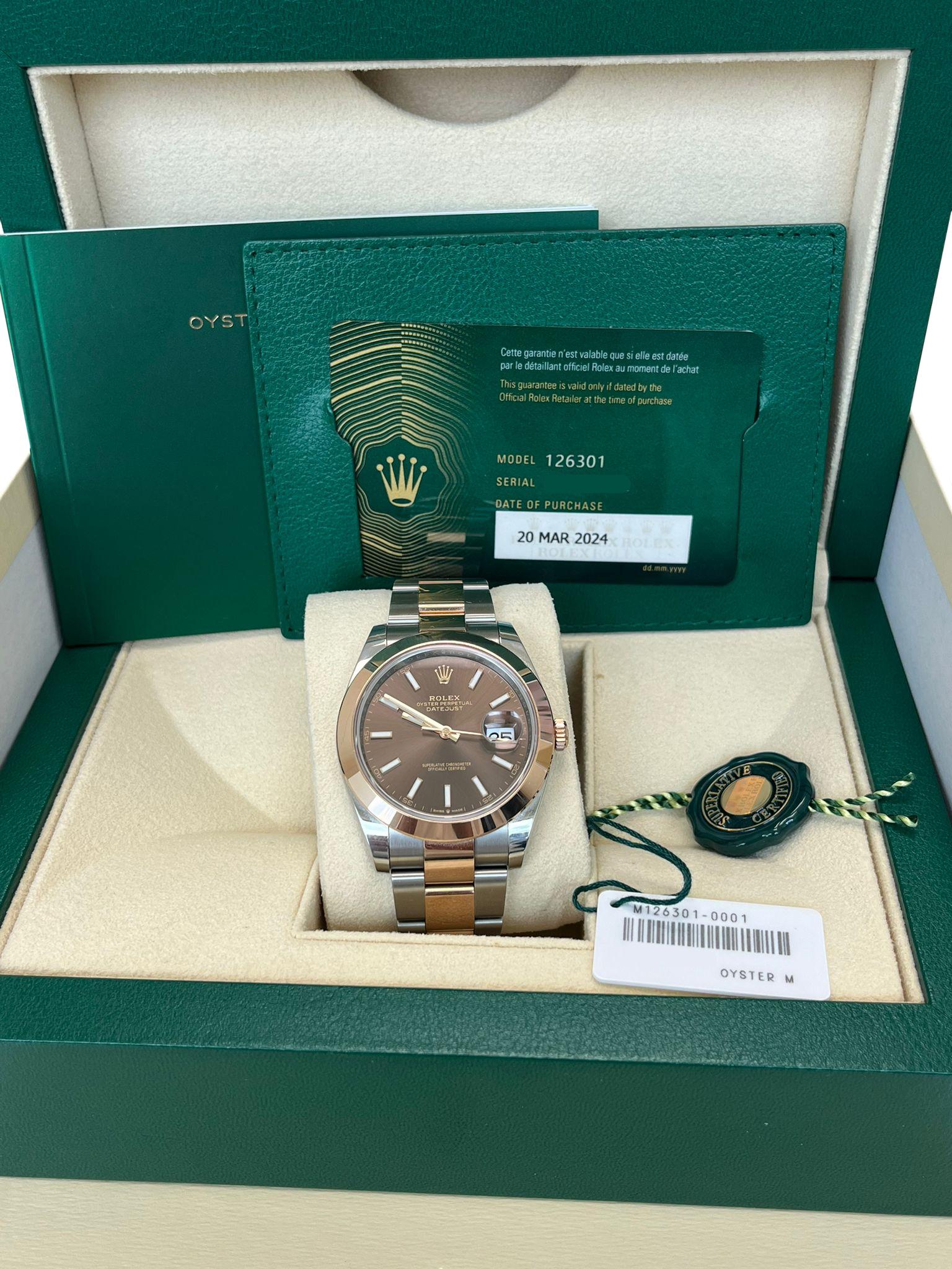 Modernist Rolex Datejust 41mm Chocolate Dial Oyster Two-Tone Steel Rose Gold Watch 126301 For Sale