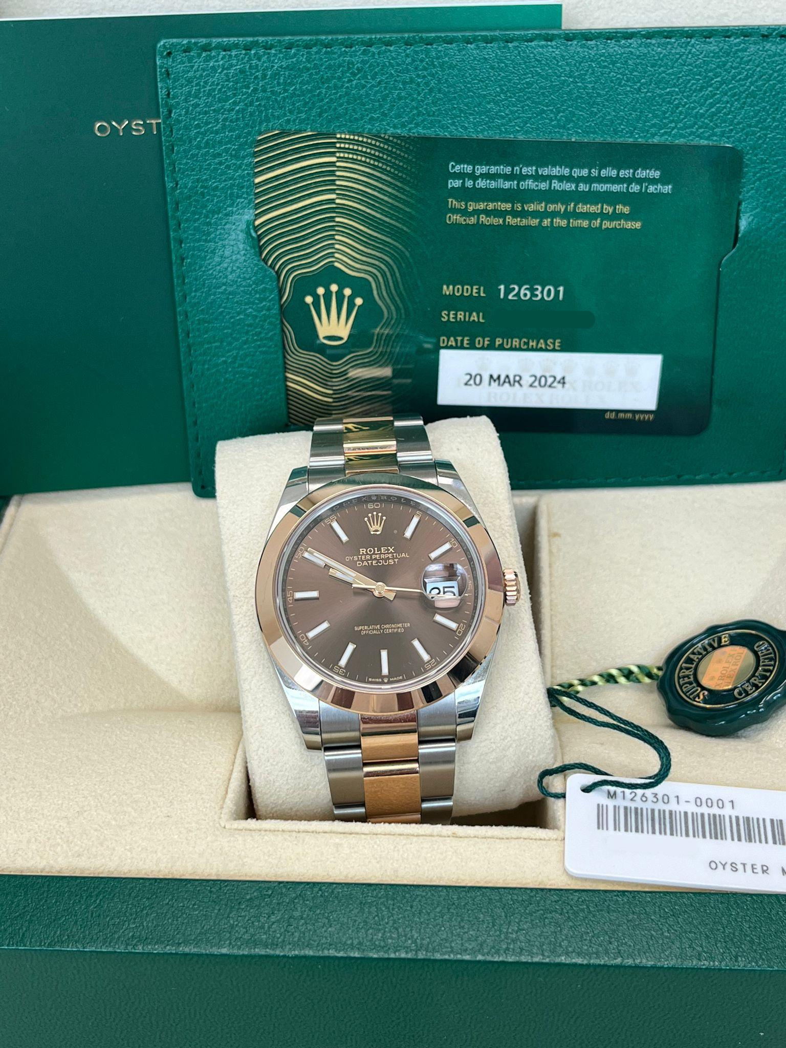 Rolex Datejust 41mm Chocolate Dial Oyster Two-Tone Steel Rose Gold Watch 126301 In New Condition For Sale In Aventura, FL