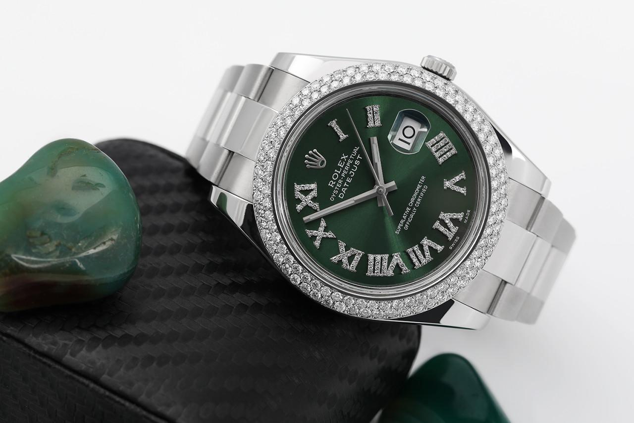 Rolex Datejust 116300 41mm Green Roman Numeral Diamond Dial SS Watch Diamond Bezel
