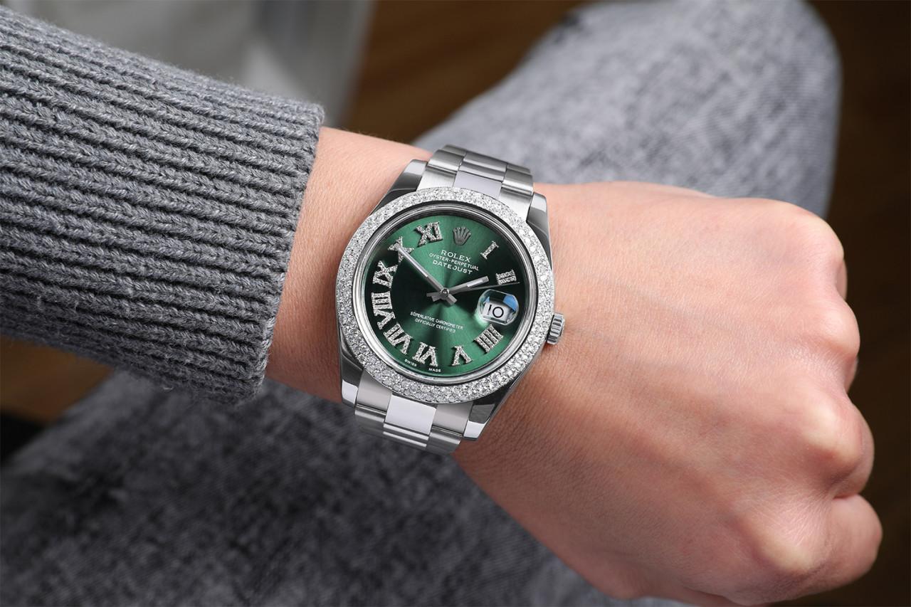 Round Cut Rolex Datejust Green Roman Numeral Diamond Dial SS Watch Diamond Bezel Watch  For Sale