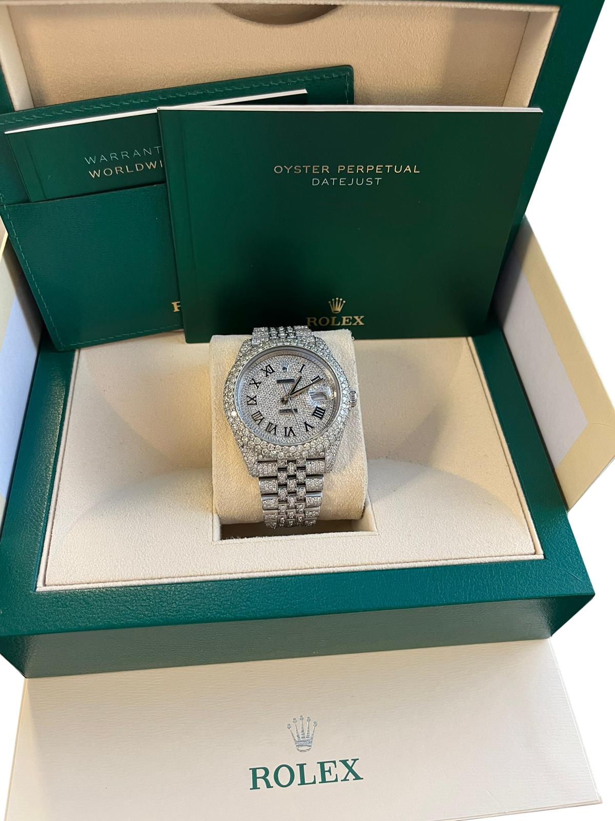Rolex Datejust 41mm jubilee custom 14.75 carats diamond iced-out watch, is a true embodiment of timeless elegance and luxurious sophistication. This watch is beautifully curated using an exceptional quality of Aftermarket diamonds. Crafted to the