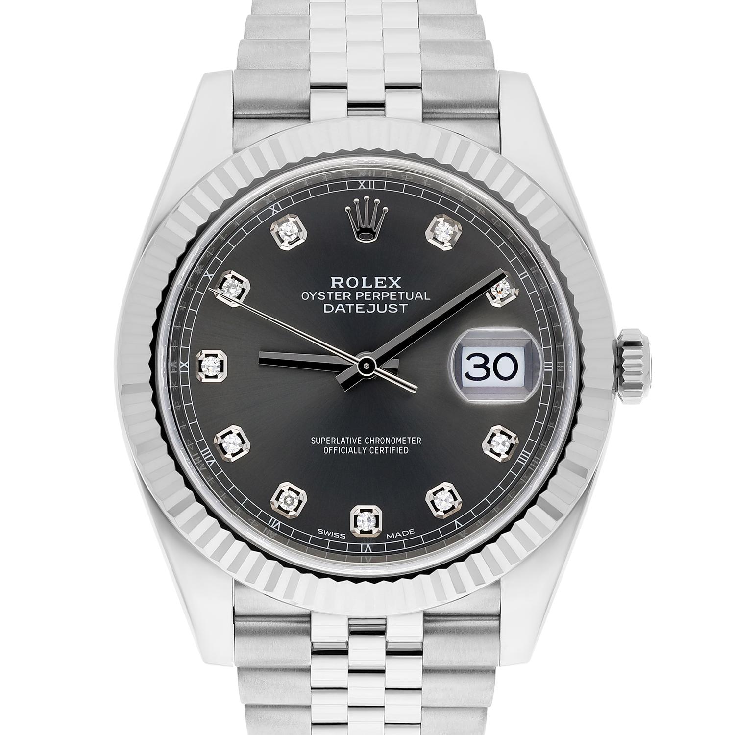 MINT with no signs of wear Rolex Datejust 41mm 126334 Fluted Bezel Rhodium Diamond Dial Jubilee Bracelet Complete

This watch has been professionally polished, serviced and is in excellent overall condition. There are absolutely no visible scratches