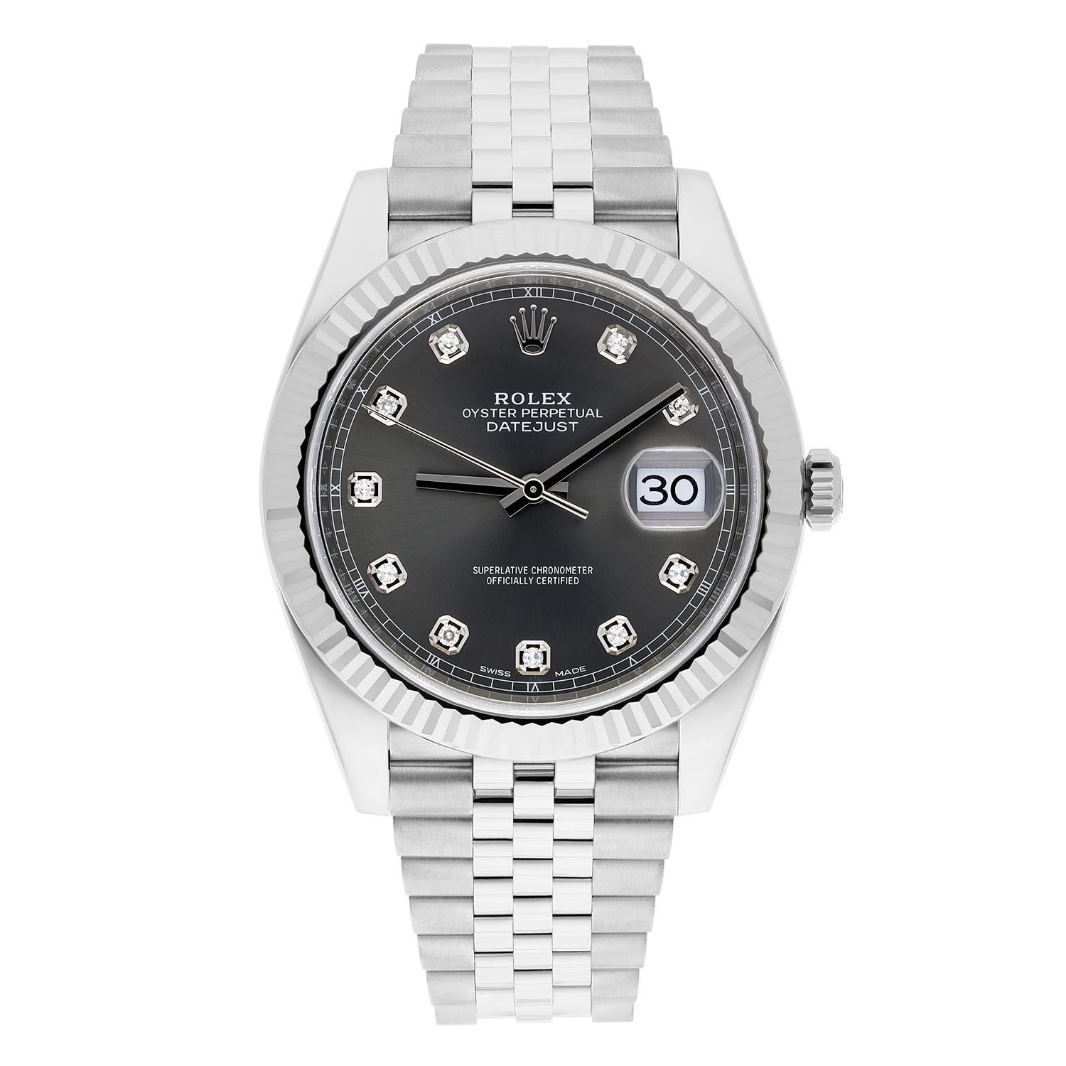 Rolex Datejust 41mm Jubilee Stainless Steel Watch Rhodium Diamond Dial 126334 In Excellent Condition For Sale In New York, NY