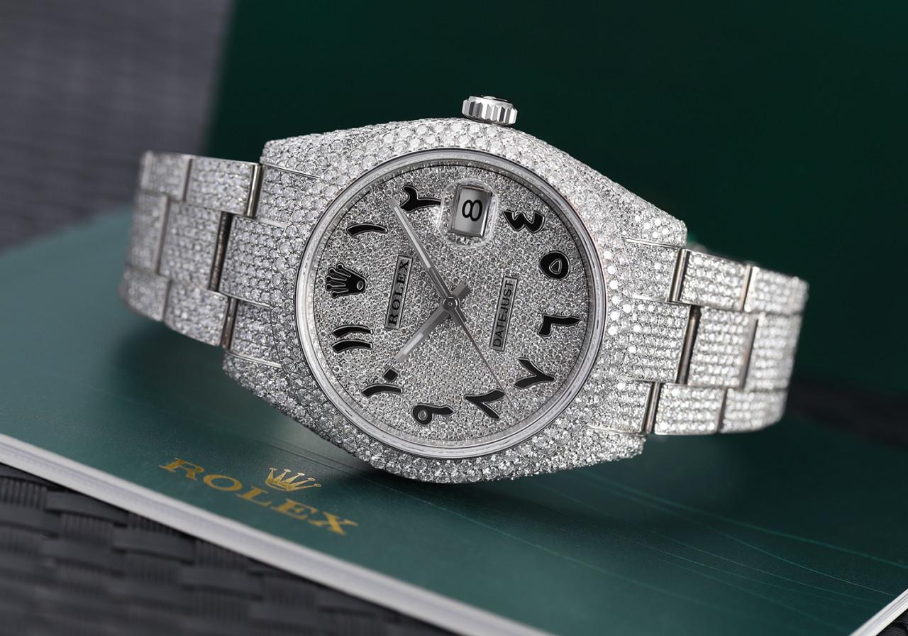 Rolex Datejust 41mm Mens Diamond Watch with Custom Arabic Script Pave Dial 116300

This watch comes with a LIFETIME diamond replacement warranty. We are so confident in our diamonds setters that if any of the individual diamonds are ever to fall out