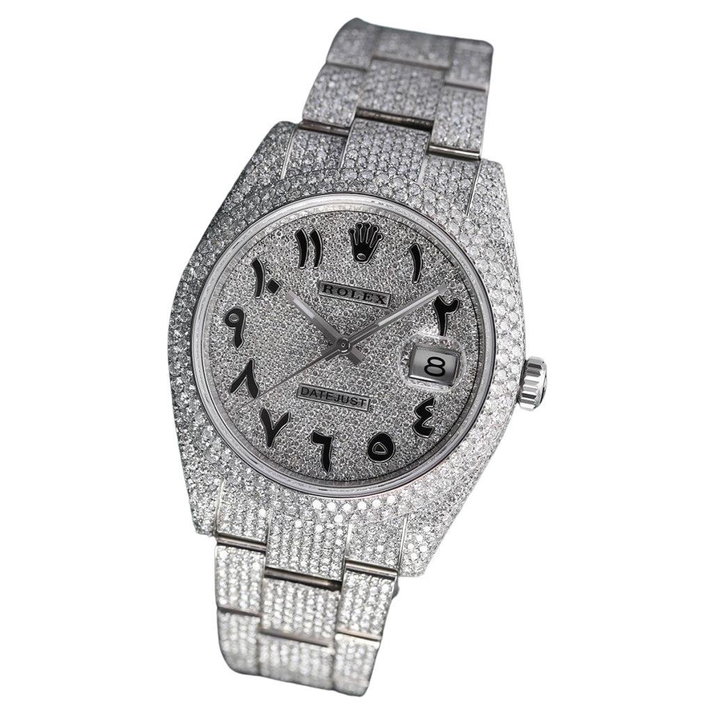 Rolex Datejust 41mm Mens Diamond Watch with Custom Arabic Script Pave Dial For Sale