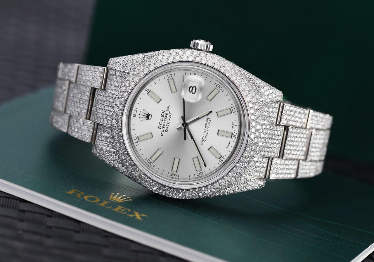 Rolex Datejust 41mm Men's Diamond Watch with Silver Index Dial Luxury Sport Watch 116300

This watch comes with a LIFETIME diamond replacement warranty. We are so confident in our diamonds setters that if any of the individual diamonds are ever to