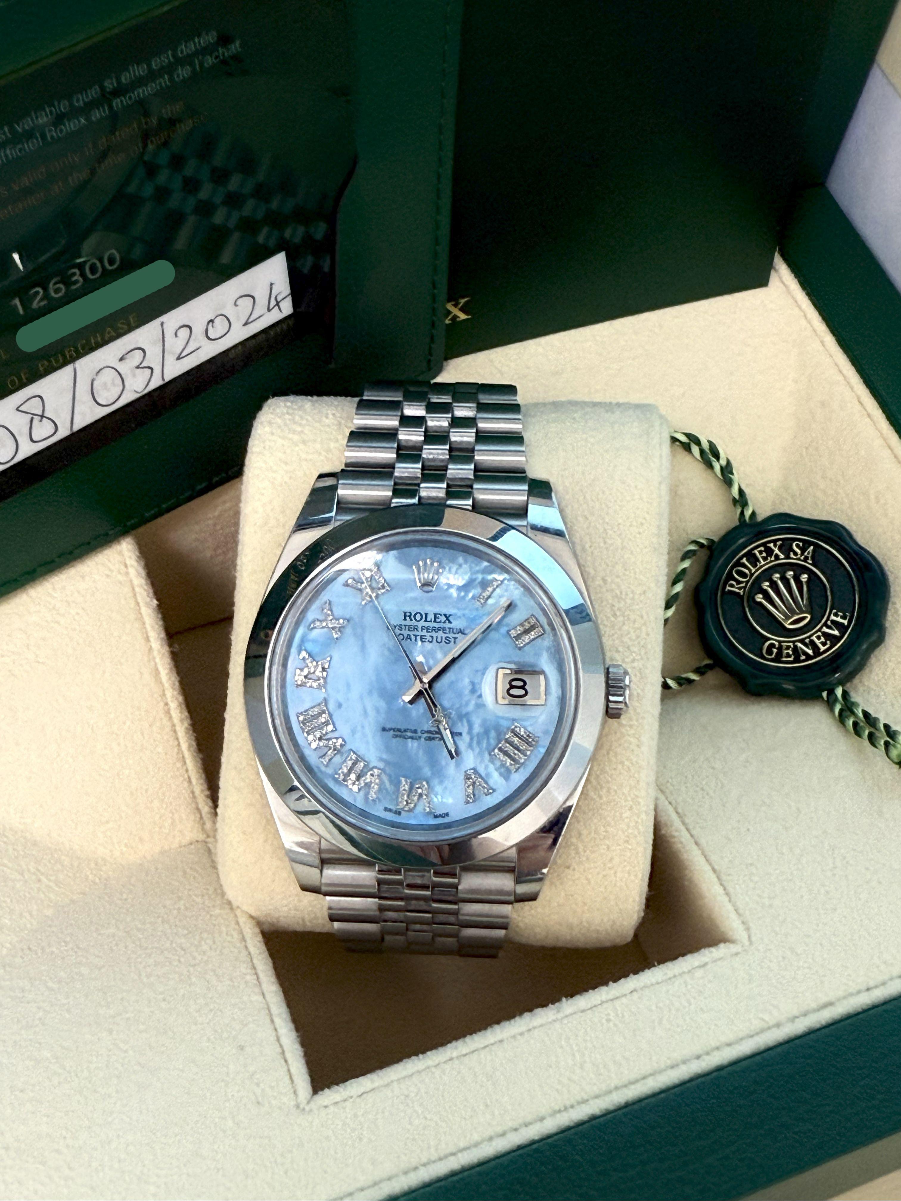 Rolex Datejust 41mm MOP römischen Diamant-Zifferblatt glatte Lünette Stahl Herrenuhr 126300 im Angebot 7