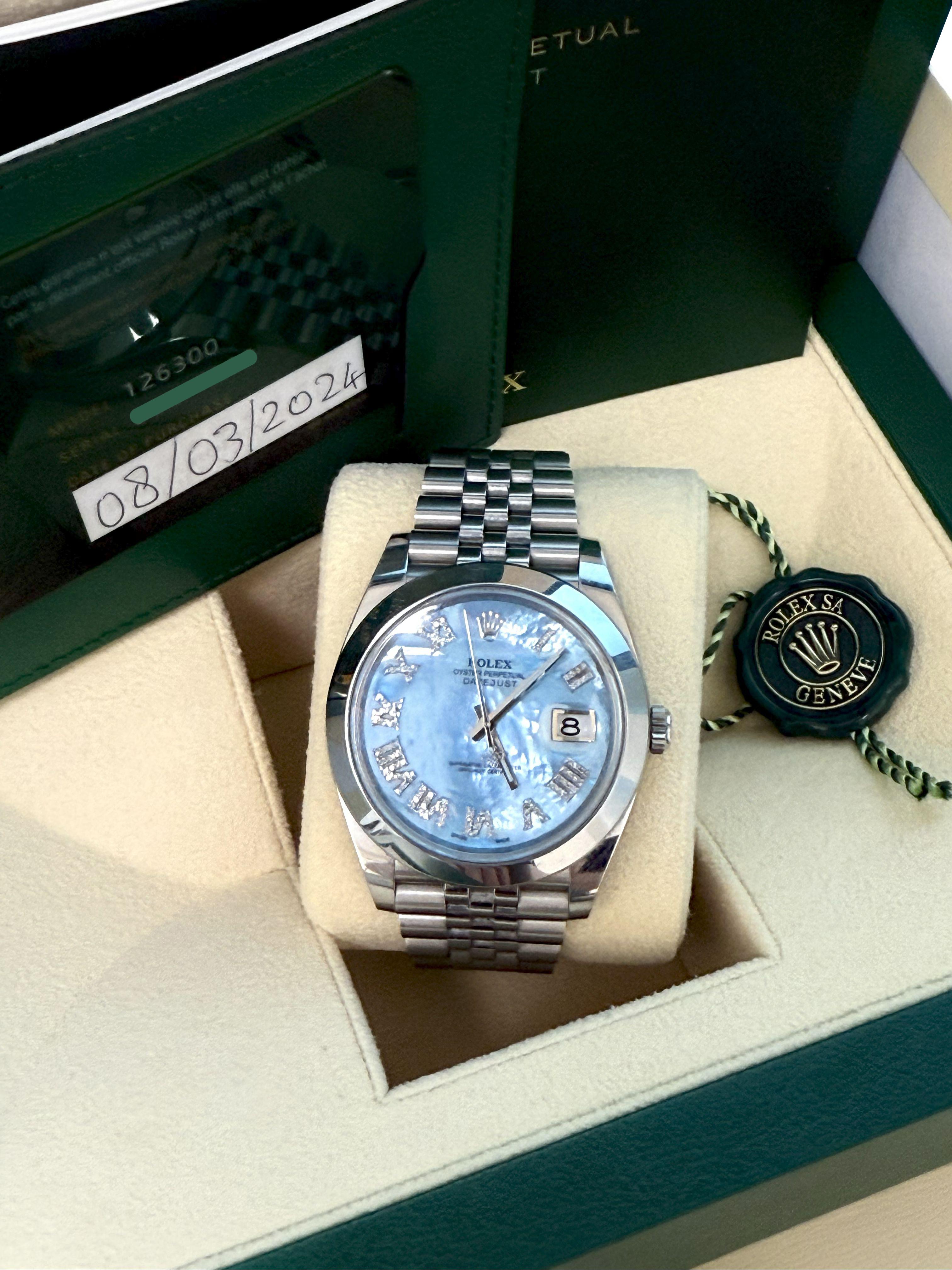 Rolex Datejust 41mm MOP römischen Diamant-Zifferblatt glatte Lünette Stahl Herrenuhr 126300 im Angebot 8