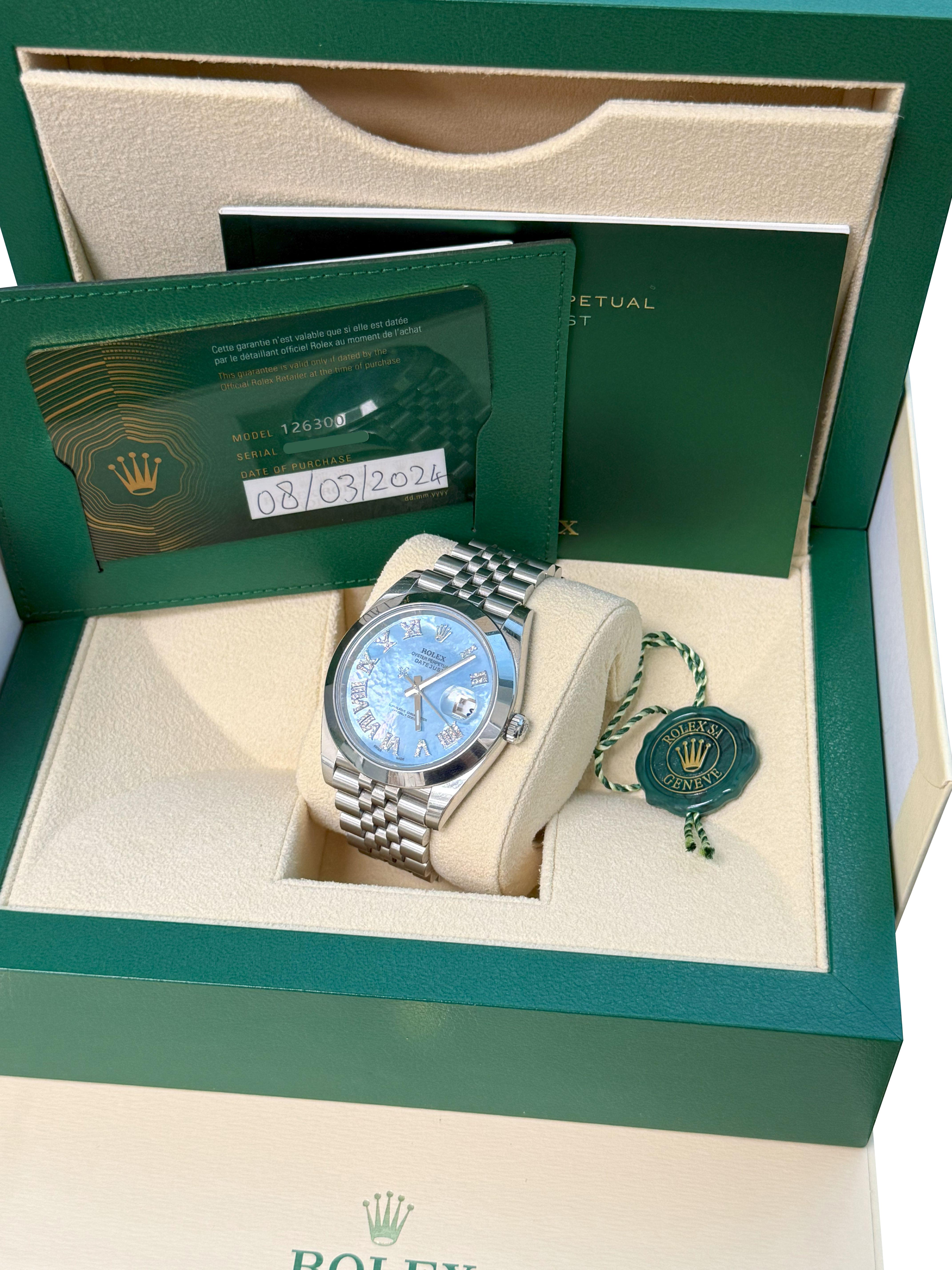 Rolex Datejust 41mm MOP römischen Diamant-Zifferblatt glatte Lünette Stahl Herrenuhr 126300 im Angebot 9