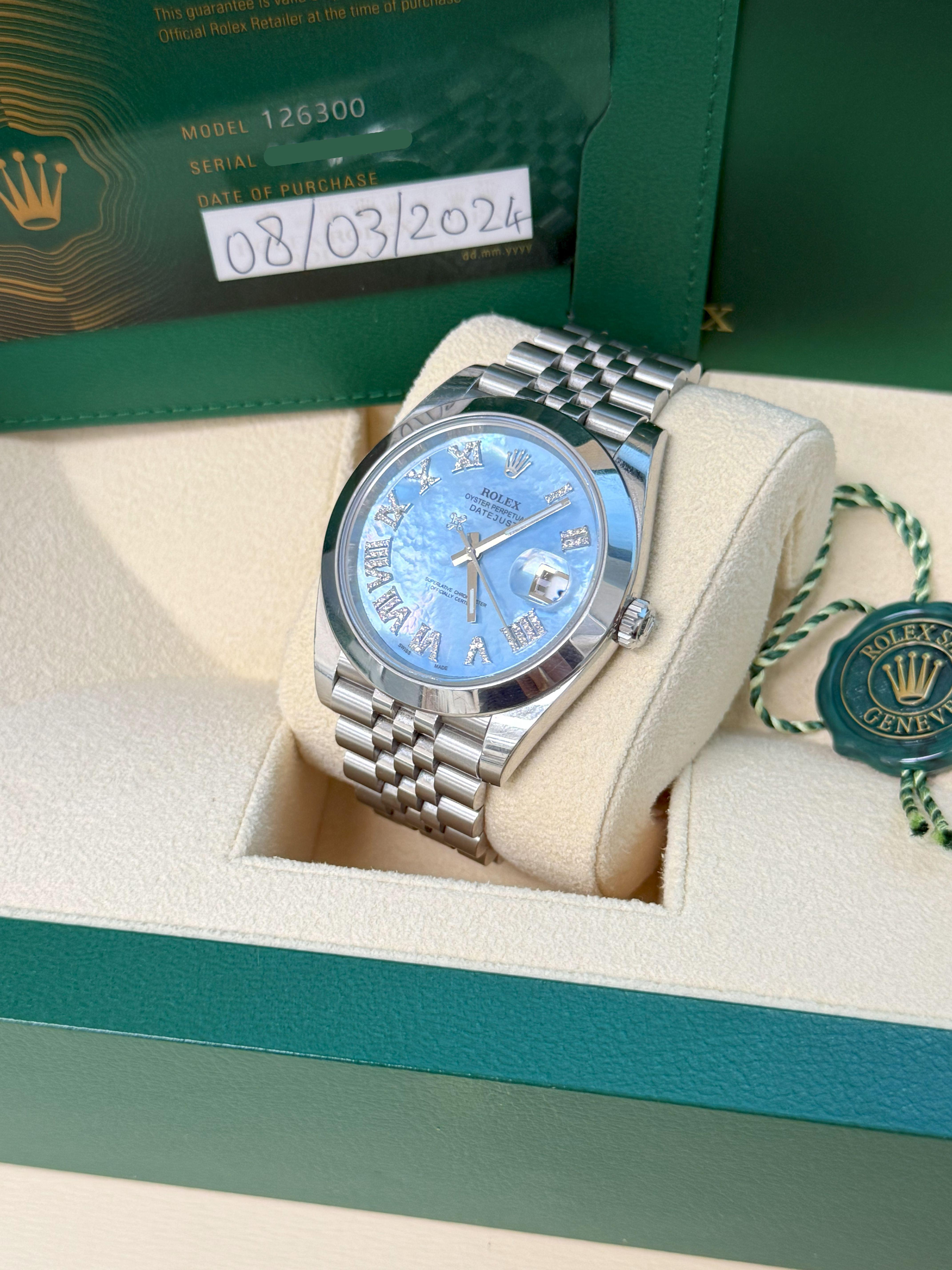 Rolex Datejust 41mm MOP römischen Diamant-Zifferblatt glatte Lünette Stahl Herrenuhr 126300 im Angebot 10