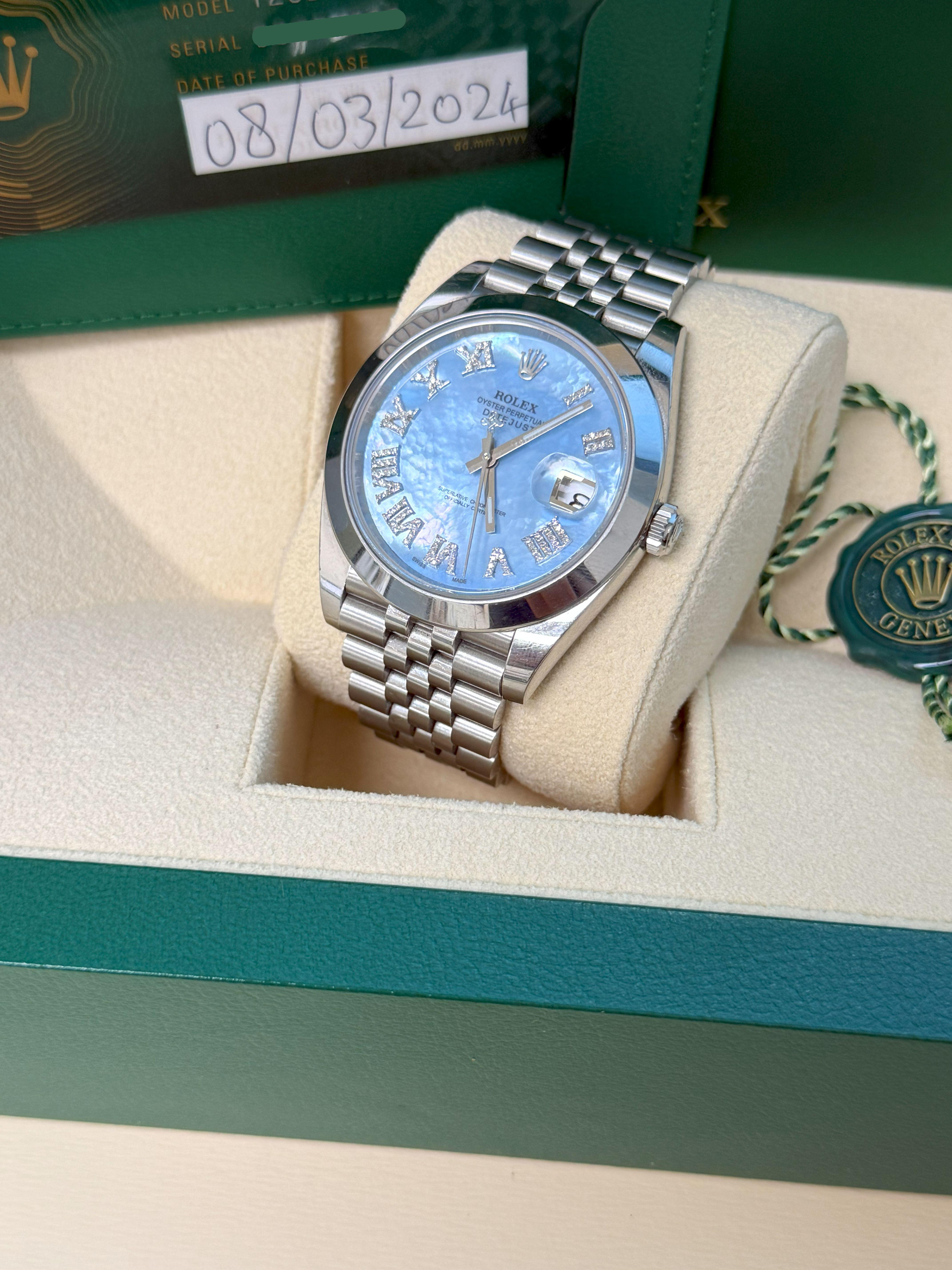 Rolex Datejust 41mm MOP römischen Diamant-Zifferblatt glatte Lünette Stahl Herrenuhr 126300 im Angebot 11
