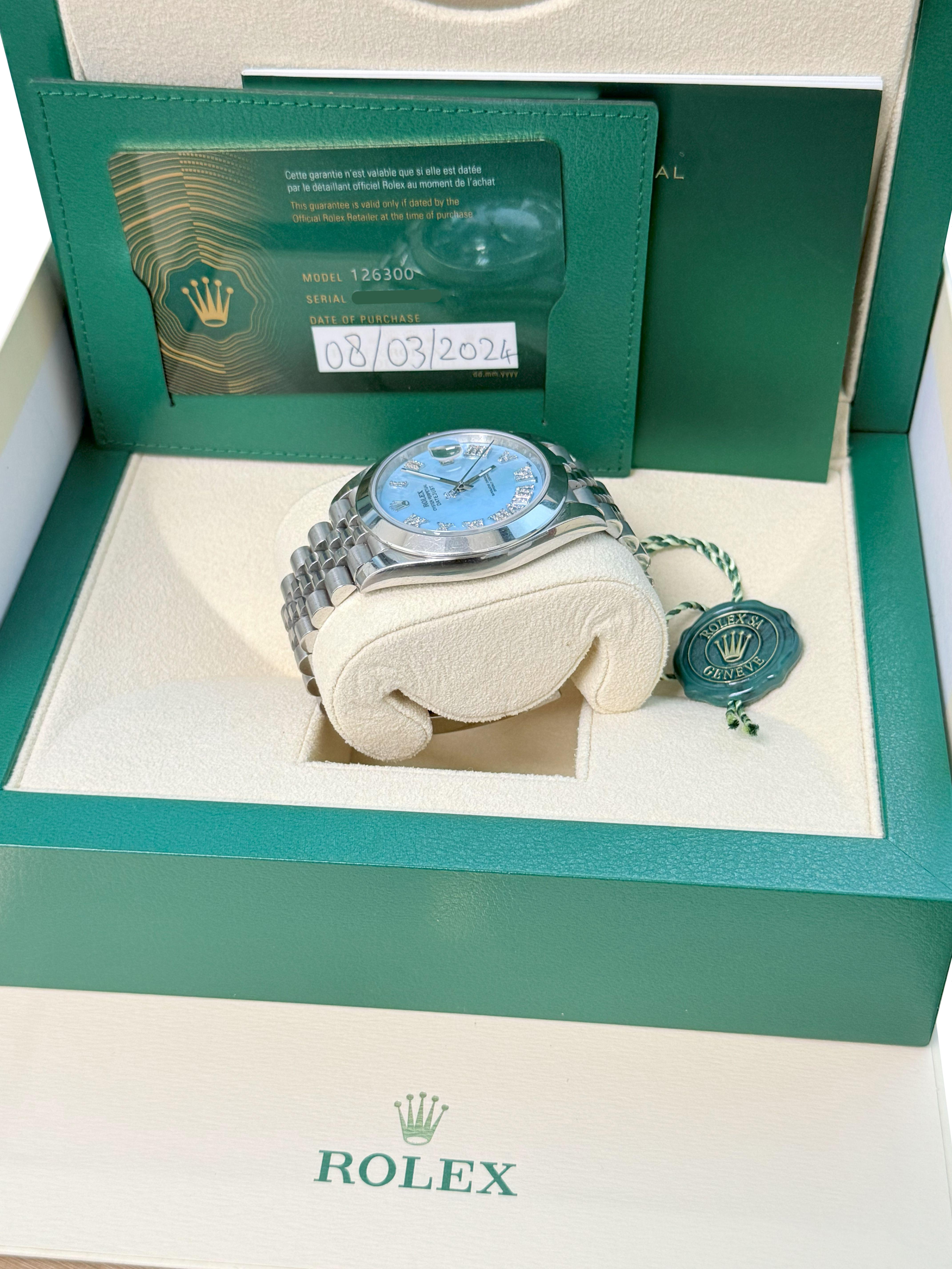 Rolex Datejust 41mm MOP römischen Diamant-Zifferblatt glatte Lünette Stahl Herrenuhr 126300 im Angebot 13