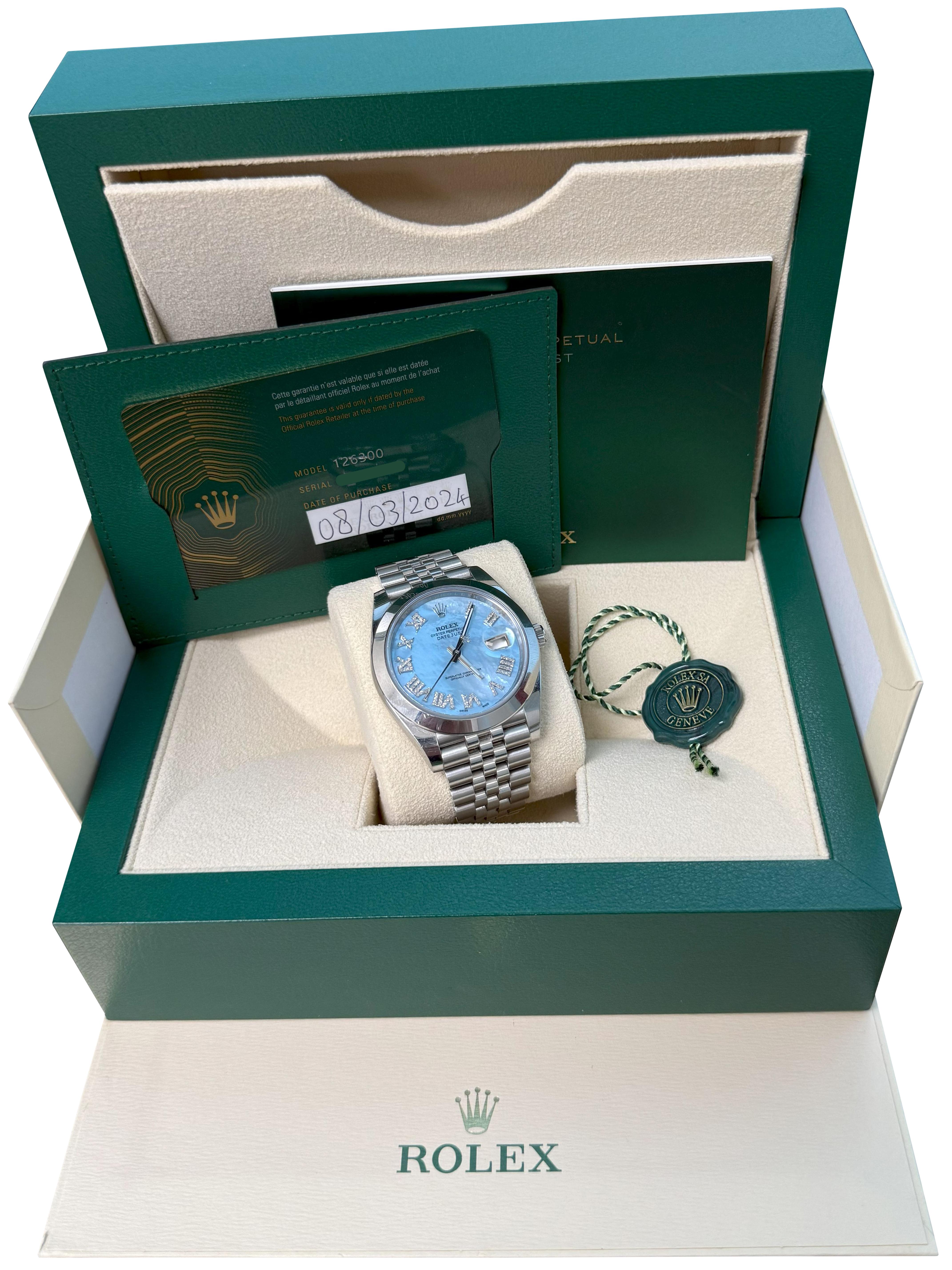 Rolex Datejust 41mm Herren MOP Diamant-Zifferblatt. Diese diamantene Rolex-Uhr wird in einer Rolex-Box und Papieren geliefert. Individuelles Aussehen. Diese Uhr kommt mit einem Aftermarket Perlmutt römischen Diamant-Zifferblatt. Offiziell