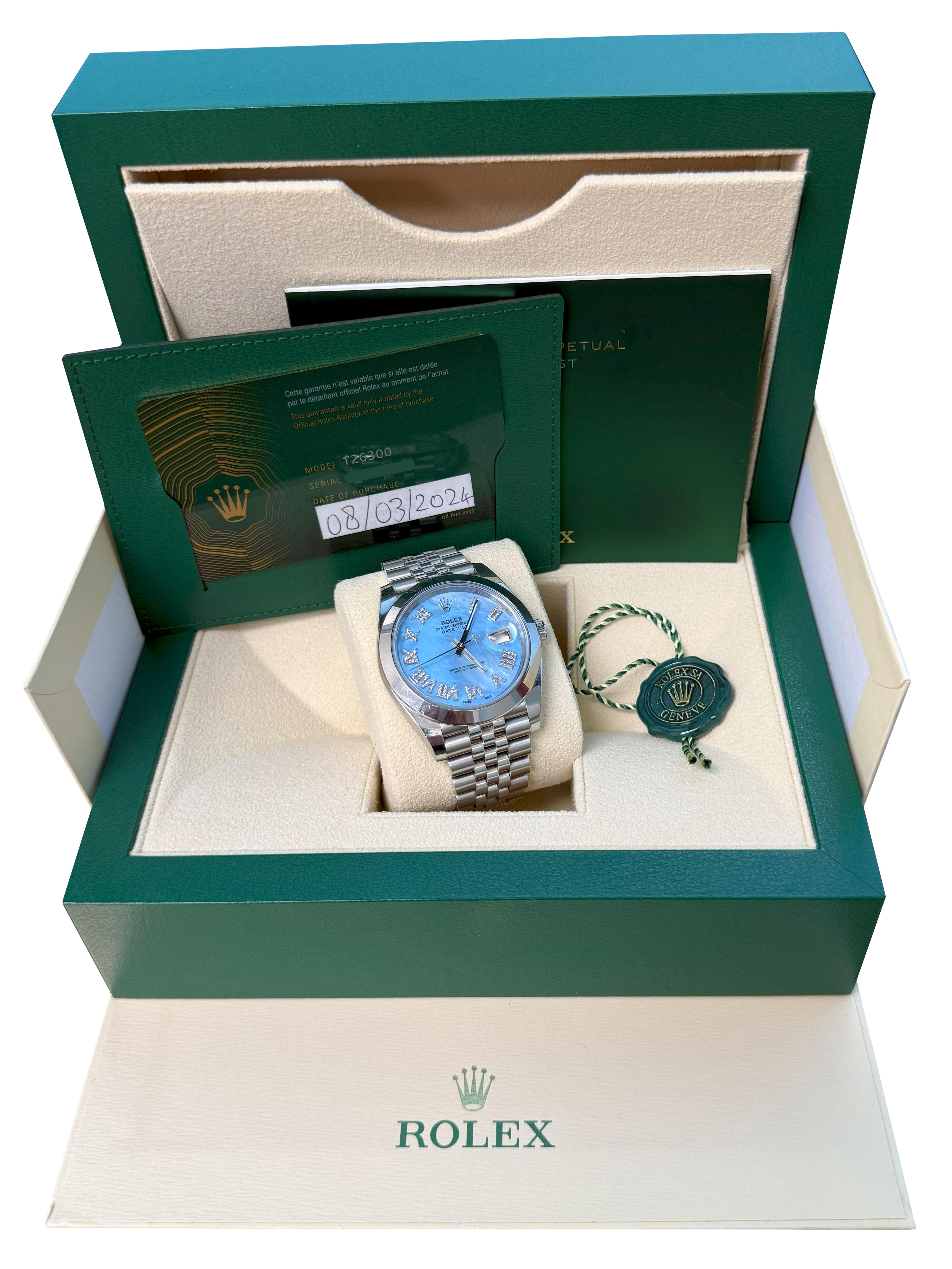 Rolex Datejust 41mm MOP römischen Diamant-Zifferblatt glatte Lünette Stahl Herrenuhr 126300 (Modernistisch) im Angebot
