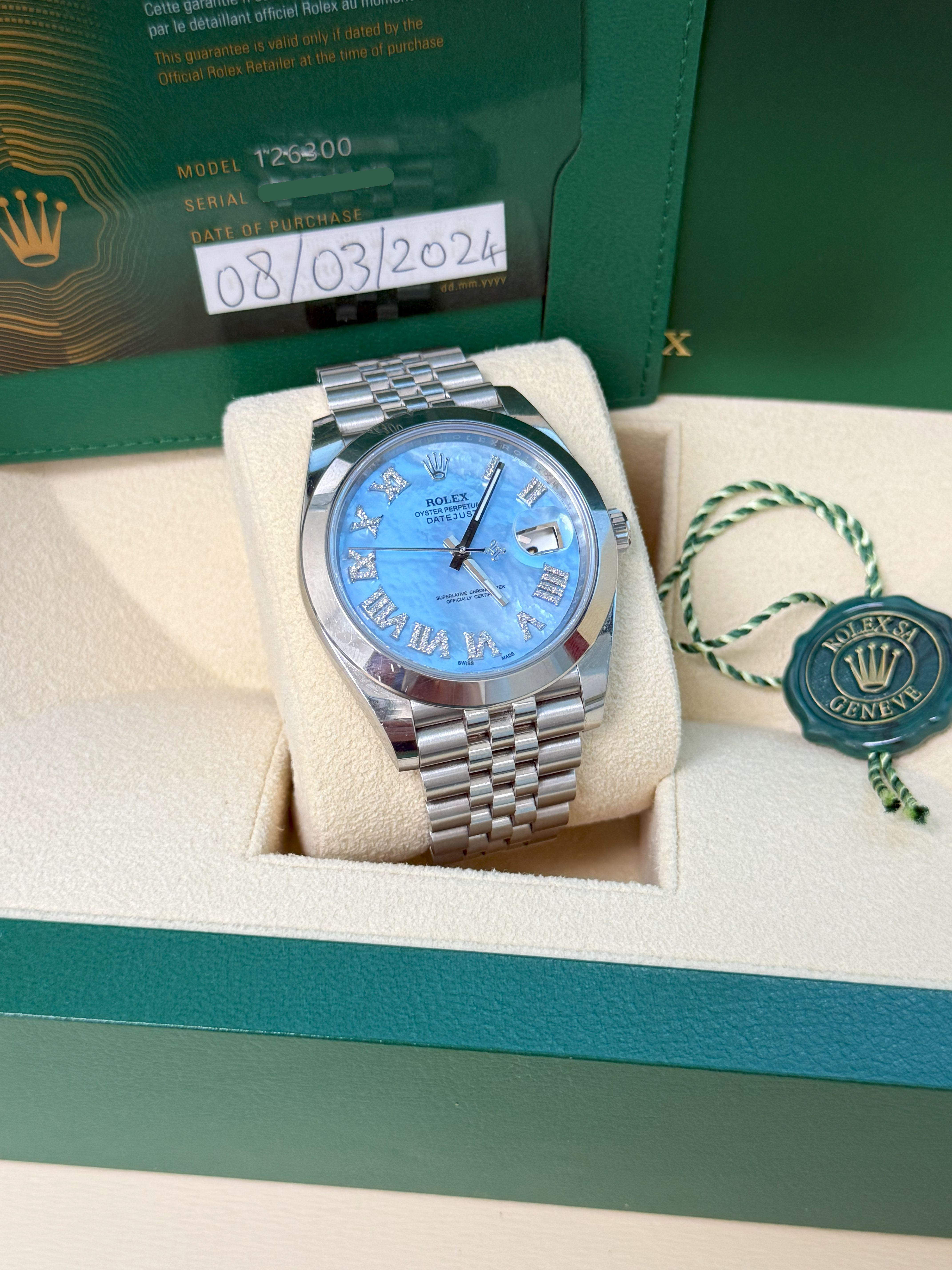 Rolex Datejust 41mm MOP römischen Diamant-Zifferblatt glatte Lünette Stahl Herrenuhr 126300 (Rundschliff) im Angebot