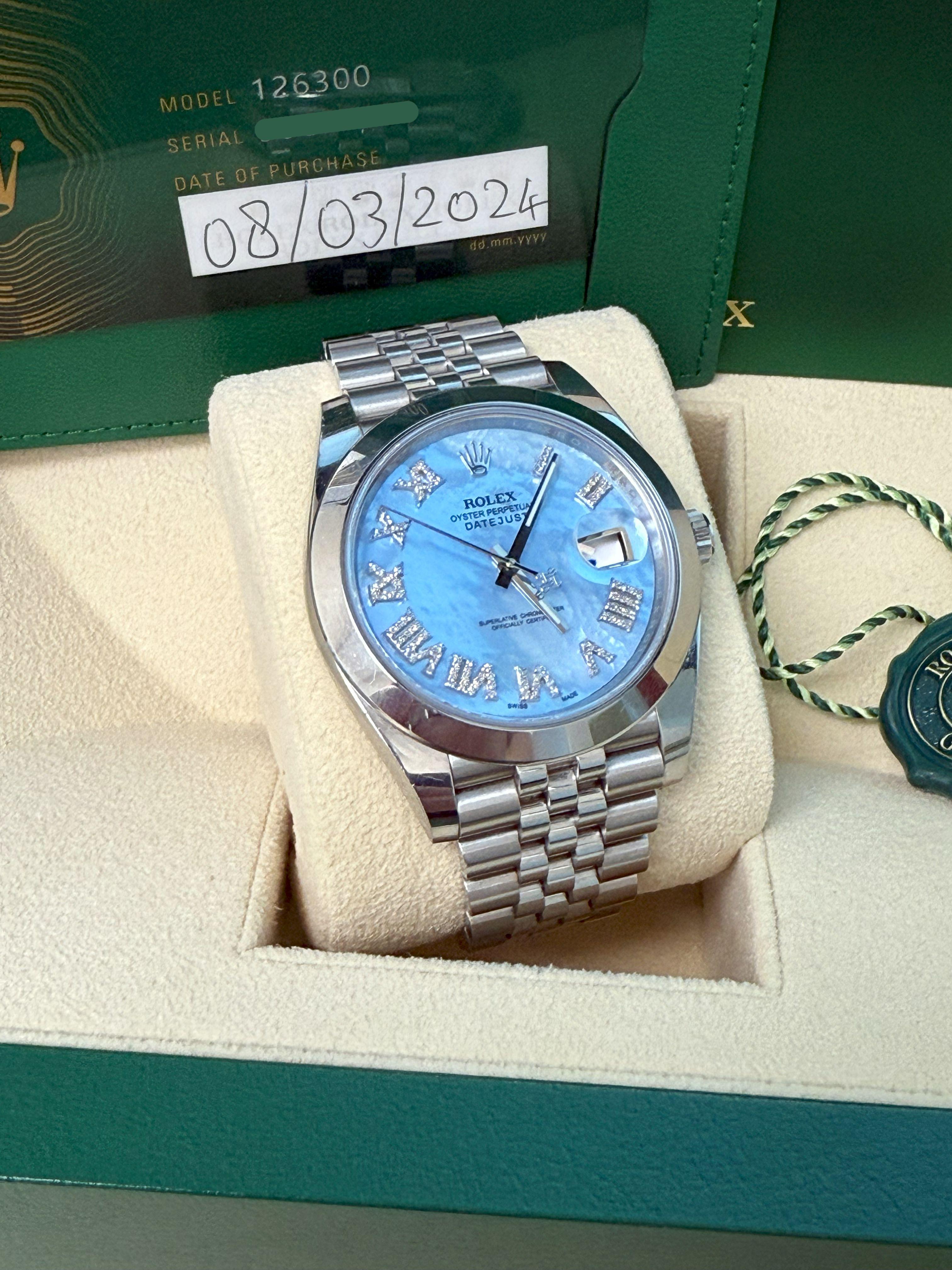 Rolex Datejust 41mm MOP römischen Diamant-Zifferblatt glatte Lünette Stahl Herrenuhr 126300 im Zustand „Gut“ im Angebot in Aventura, FL