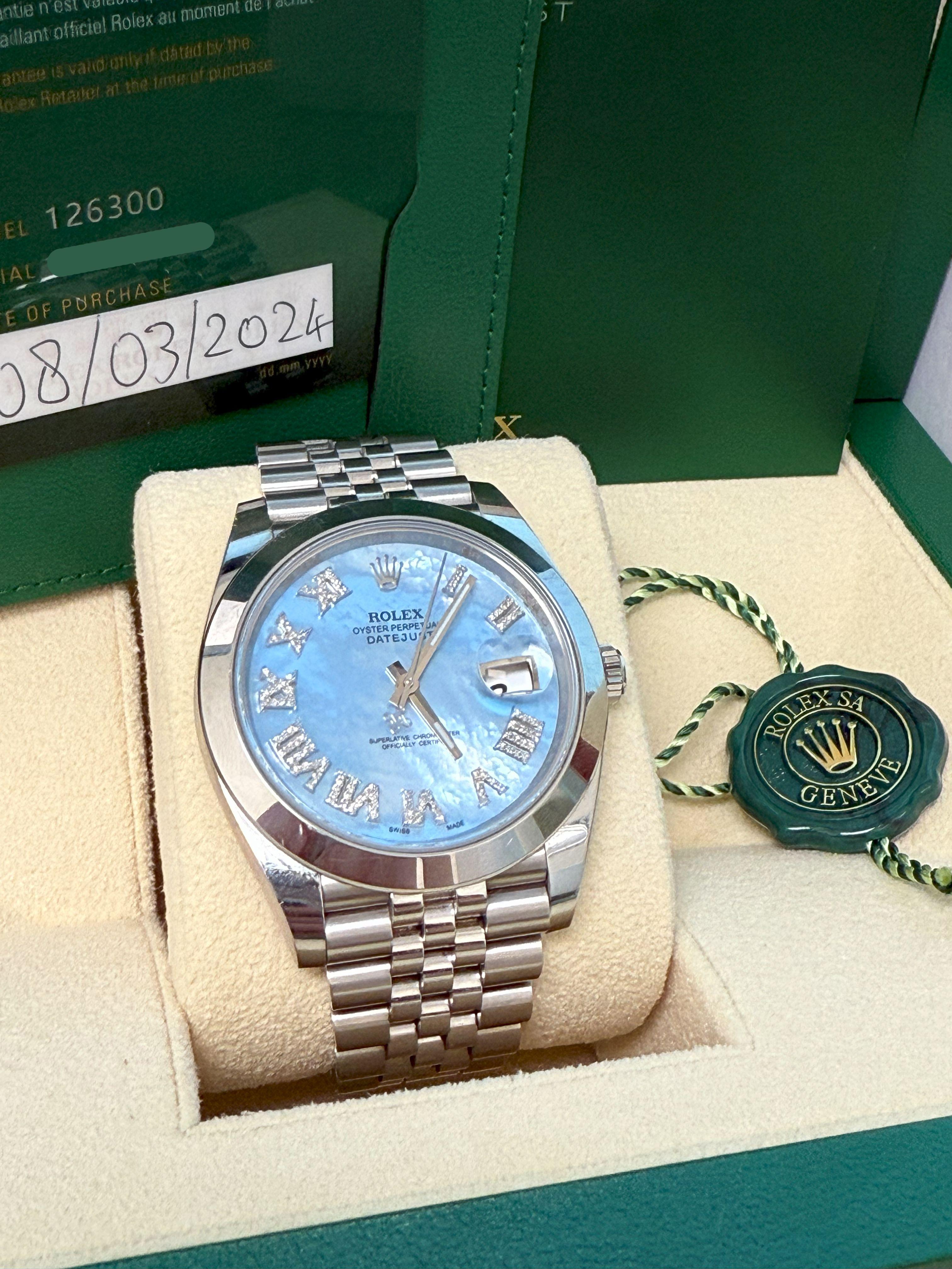 Rolex Datejust 41mm MOP römischen Diamant-Zifferblatt glatte Lünette Stahl Herrenuhr 126300 im Angebot 2