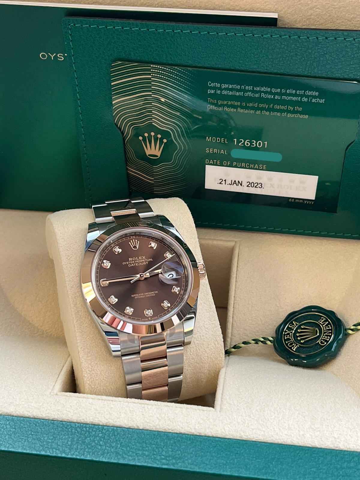 Rolex Datejust Oyster Steel 18k Rose Gold Chocolate Diamond Dial 126301 In New Condition In Aventura, FL