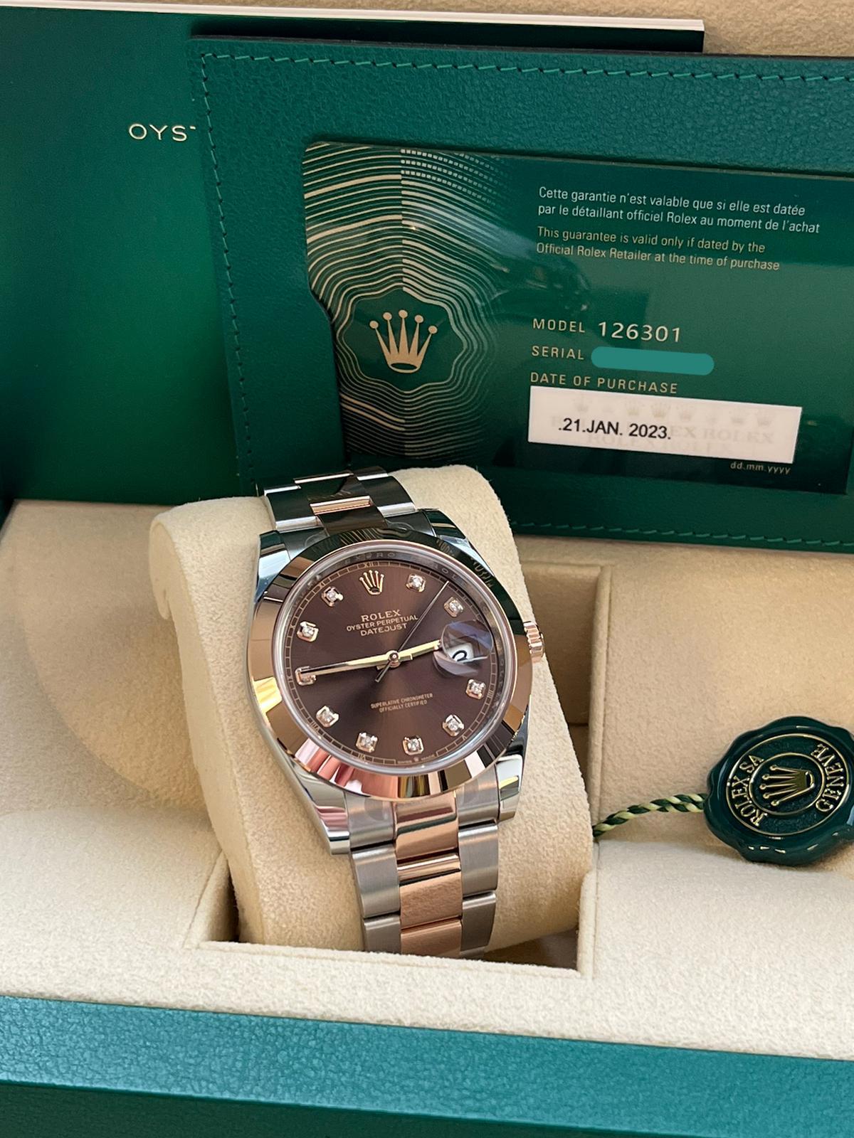 Women's or Men's Rolex Datejust Oyster Steel 18k Rose Gold Chocolate Diamond Dial 126301