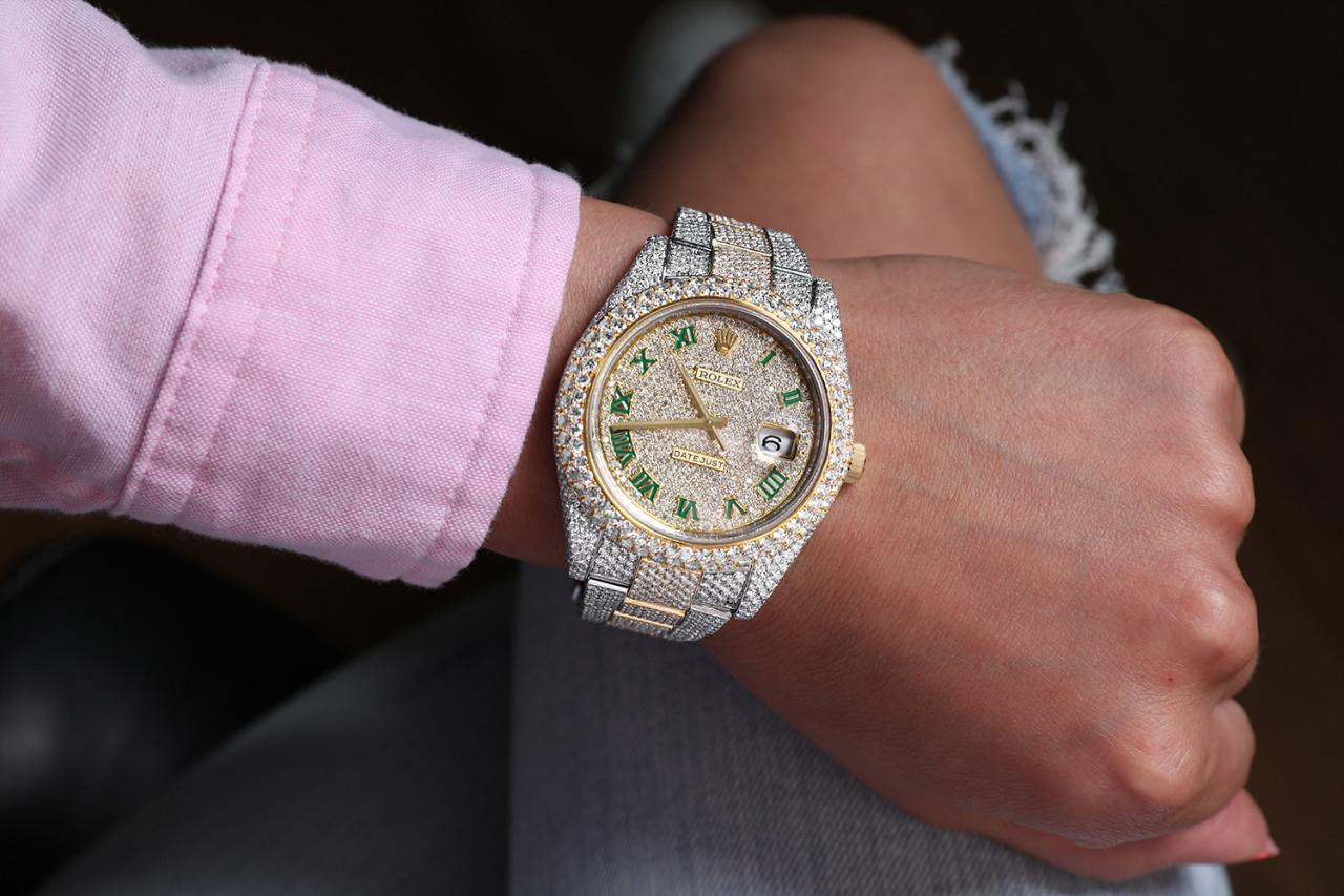 Round Cut Rolex Datejust Stainless Steel and Yellow Gold Custom Fully Iced Out Watch  For Sale
