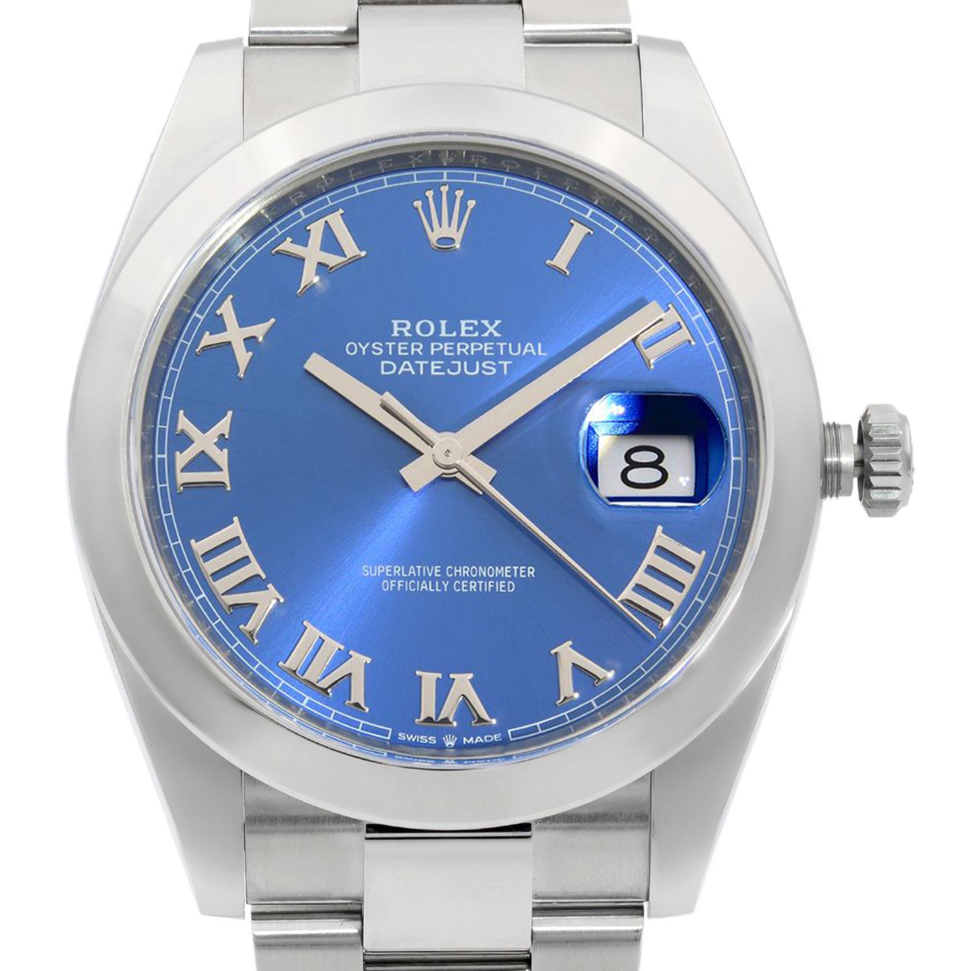 Unworn Rolex Datejust 41 Steel Blue Roman Dial Automatic Mens Watch 126300. Comes with a 2021 Card.  This Beautiful Timepiece is Powered by a Mechanical (Automatic) Movement and Features: Stainless Steel Case and Bracelet, Fixed Smooth Stainless