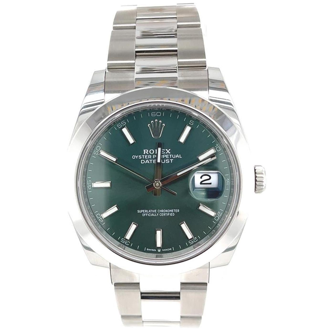Rolex Datejust 41mm Oystersteel case, screw-down back, screw-down crown with twin lock double waterproofness system, smooth bezel, scratch-resistant sapphire crystal with cyclops lens over the date, mint green dial, index hour markers, Rolex caliber